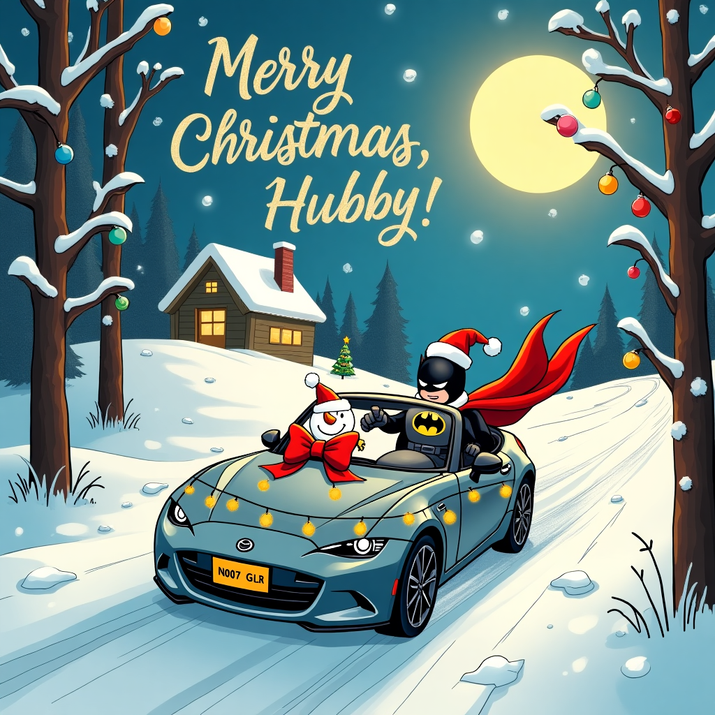 In the center of this whimsical Christmas greeting card, a grey Mazda MX5 ND, adorned with the cheeky registration plate "N007 GLR," zooms along a snowy, winding road. The sleek car is festively decorated with a large red bow on its roof, and strings of twinkling Christmas lights wrap around its body, glowing against the crisp winter backdrop. Inside the car, Batman is at the wheel, wearing a Santa hat over his cowl, his cape flapping out the open window like an overzealous flag. Beside him in the passenger seat sits a bundled-up snowman, complete with a carrot nose and coal eyes, grinning ear to ear.

The road they drive on is bordered by tall pine trees dusted in snow, each tree with colorful baubles and candy canes hanging from the branches. Above the scene, a sky rich with twinkling stars and a full moon casts a silvery glow over everything. In the sky, written with twinkling stars, are the words "Merry Christmas, Hubby!" Each letter sparkles as if the cosmos itself wanted to join in the festive cheer.

In the background, a cozy cottage can be seen with smoke gently puffing from its chimney. In the cottage's frosted window, a tiny Christmas tree is visible, adorned with a shining star on top. Snowflakes cascade gently from the sky, adding to the picturesque winter wonderland.

This entire scene is a nod to classic cartoon styles, merging the playful essence of Schulz's Peanuts, the dynamic motion of Disney, and the expressive detail of Watterson's Calvin and Hobbes. It invites the viewer into a world where superheroes take holiday joyrides and where the mundane and the magical meet under a starlit, snowy sky.
Generated with these themes: Grey MX5 ND with registration N007 GLR, Batman, Christmas, and Hubby.
Made with ❤️ by AI.