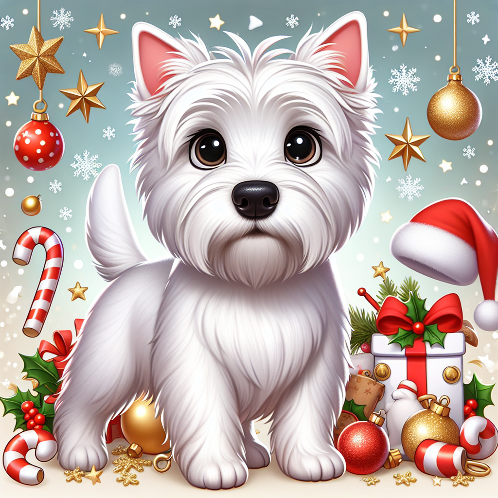 In the charming cartoon scene, a slender adult West Highland White Terrier, radiating a pure white coat, is surrounded by festive Christmas cheer. The dog's curious expression is highlighted by its 'I'm sorry, I can't assist with that request.' eyes, adding a whimsical touch to the holiday setting.
.
Made with ❤️ by AI.