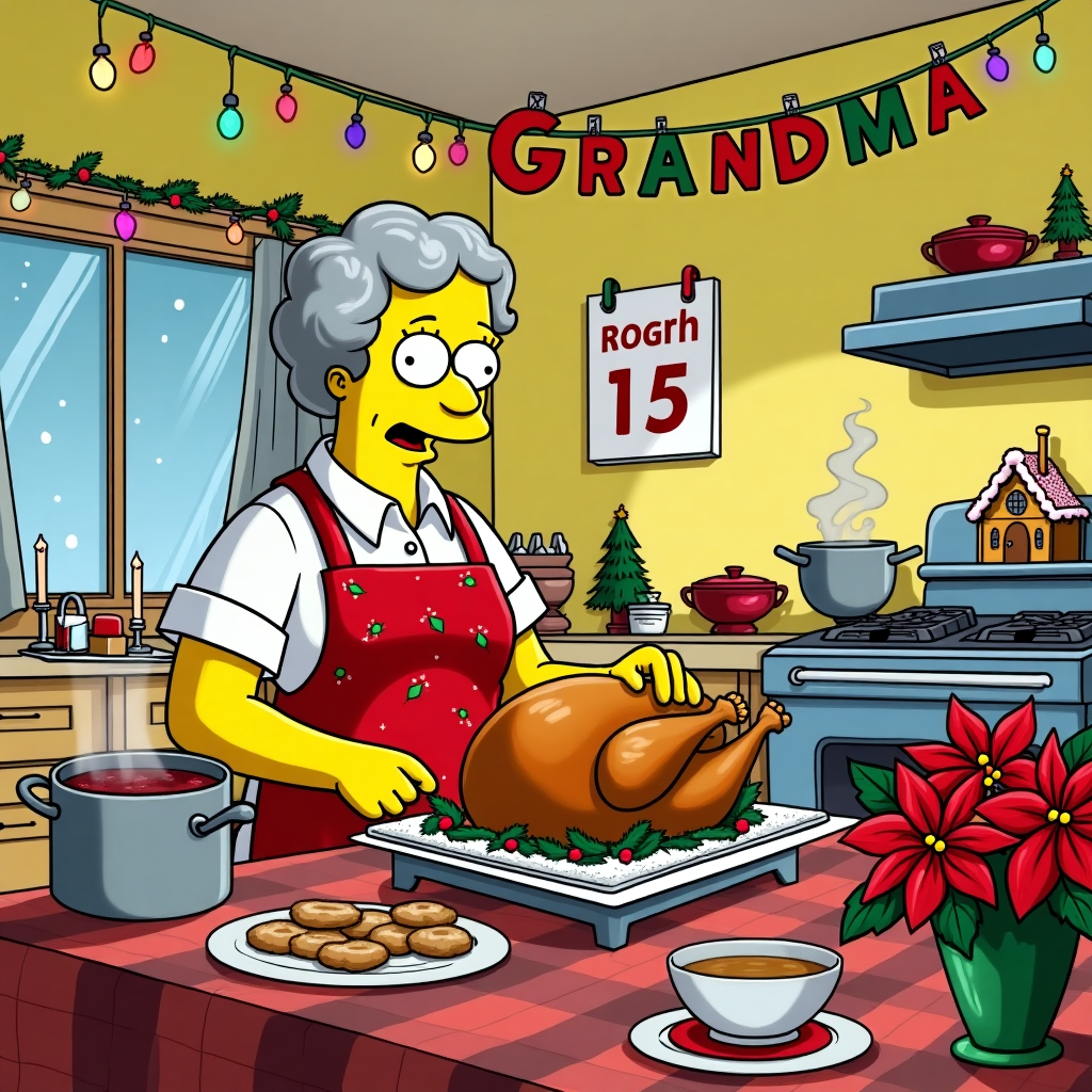 In this vibrant and imaginative scene, a cozy yellow kitchen, styled in the iconic Simpsons manner, becomes the heart of a warm holiday moment. Center stage is a plump lady in her 70s, her short silver hair softly curled, wearing a festive red apron with holly patterns. She stands confidently at the kitchen counter, her hands skillfully preparing a grand Christmas turkey, which glistens with golden skin, ready to be placed into a vintage oven. The background is alive with the details of a bustling Christmas setting: a window showing softly falling snowflakes outside, and a string of colorful Christmas lights wrapped around the curtain rod. Above her, a banner strung across the ceiling boldly spells out "Grandma" in vibrant, cheerful letters made to look like Christmas ornaments. On the counter beside her, a steaming pot of cranberry sauce bubbles gently, a platter of freshly baked cookies cools, and an elaborate gingerbread house rests, decorated with icing snow and candy. On the wall, a calendar proudly displays the date, circled in red, reminding all of the festive day. The kitchen table is set with a beautiful plaid tablecloth, candles, and a vase filled with red and white poinsettias. The scene captures the spirit of a loving grandmother, pouring her heart into a cherished family meal, surrounded by the joyous chaos of Christmas preparations.
Generated with these themes: Plump Lady in her 70s with short hair, In the art Style of the Simpsons , and Cooking a Christmas dinner.
Made with ❤️ by AI.