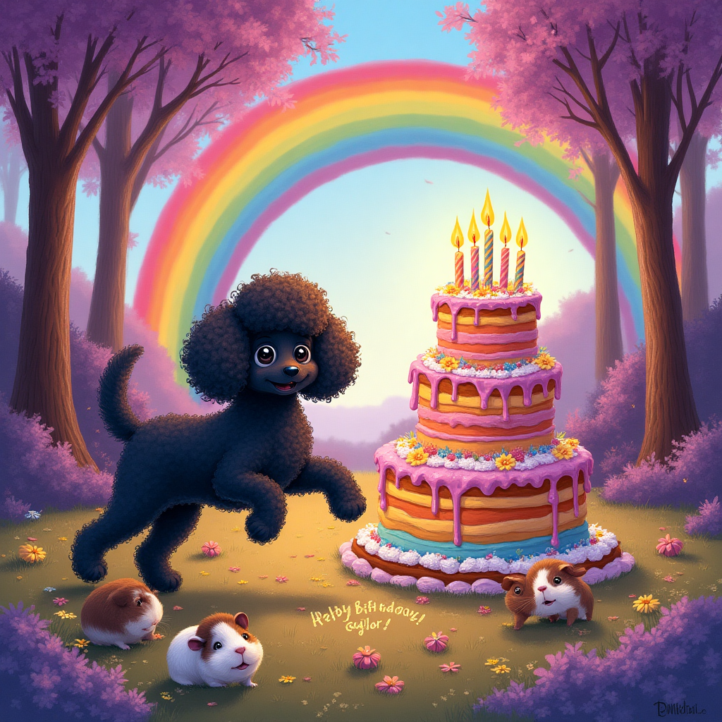 Girl black mini poodle, Two guinea pigs, The color purple, Rainbow forest, Huge cake (no people), and Birthday Card