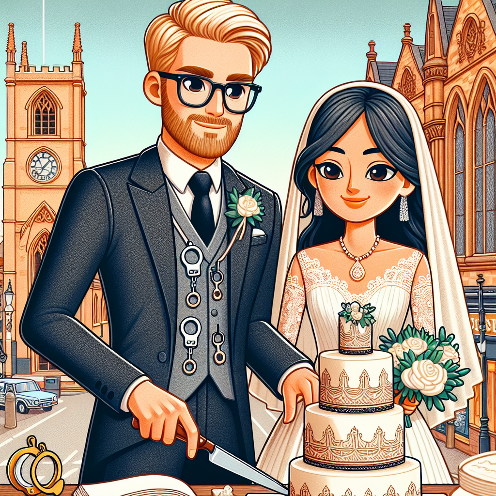 Craft a lively cartoon scene set in a characteristic town in West Midlands. Feature a charming, classically attired Caucasian groom with blonde hair, a beard, and glasses. He's meticulously dressed in a refined wedding suit complete with unique handcuff cufflinks, indicating his profession in law enforcement. Standing adjacent to him is his partner, a Middle Eastern woman glowing in a traditional white wedding gown, clasping a delicate bouquet. The backdrop is adorned by an olden church typical to Dudley. Both individuals are in the act of slicing a lavishly ornamented cake, symbolizing their matrimonial unity laced with traces of their distinctive personalities.
Generated with these themes: Wedding dress, White , West Midlands , Dudley, Cake, Wedding, Police, Beard, Blonde, Handcuffs, English, and Glasses.
Made with ❤️ by AI.