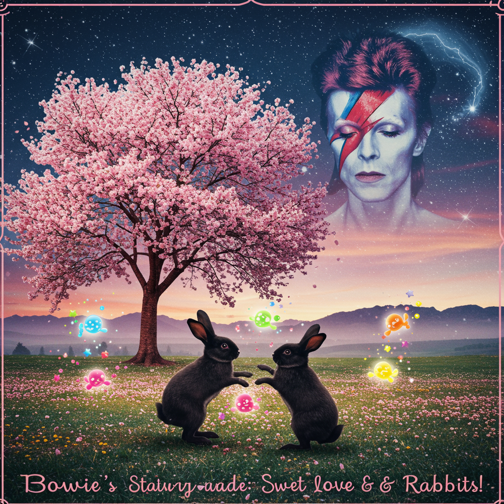 Cherry tree, Black rabbit with white nose , Black lop rabbit, David Bowie , Sweeties , and Birthday Card