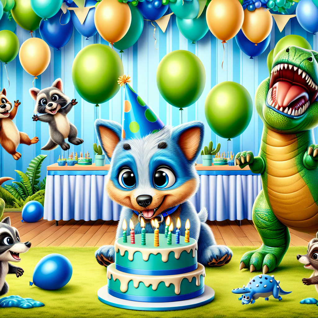 A delightful, adorable cartoon birthday scene is set in place. An endearing blue puppy, reminiscent of the popular Australian dog breed, blue heeler, is hosting a prehistoric-themed party. The backdrop is decorated with festive balloons and streamers, cast in shades of vivid green and brilliant sky blue. Among cavorting animated dinosaurs, two playful raccoons, friends of the puppy, are hidden, ready to spring into a surprise. A gigantic, caricatured, inflatable T-Rex bounces near the cake table where a dino-themed cake topped with glowing candles awaits the exuberant festivity.
Generated with these themes: Bluey dinosaurs raccoons.
Made with ❤️ by AI.