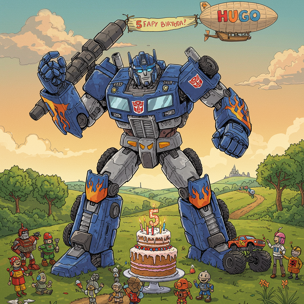 The front cover of the birthday greeting card is a vivid and whimsical illustration, blending the imaginative worlds of Transformers and monster trucks into a fantastical 5th birthday celebration.

**Foreground:**
Dominating the foreground is a colossal, hand-drawn Transformer, reminiscent of the grandeur and detail of a Maxfield Parrish piece. This Transformer, vibrant in shades of metallic blue and silver, is mid-transformation—half robot, half monster truck. Its wheels are oversized, and one is raised in an action-packed pose, capturing the essence of both strength and playfulness. The vehicle part of its body has bold, flame decals in striking reds and oranges, echoing the fiery energy of a 5-year-old's birthday.

**Centerpiece:**
In the center, where the Transformer’s hands meet, is a large, intricately detailed birthday cake, akin to something out of a Beatrix Potter book. The cake is layered, with the number "5" perched on top in vivid, glowing red icing. The cake is decorated with tiny monster trucks and miniature Transformer figures, expertly crafted with the delicacy of an Arthur Rackham illustration.

**Background:**
The backdrop is an expansive scene, reminiscent of a Maurice Sendak dreamscape. There’s a lush, rolling landscape filled with cartoonish, gently swaying trees. In the sky above, an airship—a nod to Quentin Blake’s whimsical style—floats serenely. The airship carries a banner trailing behind it, adorned with the name "Hugo" in large, playful letters. The letters are painted in bright primary colors: red, yellow, and blue, set against a sky of soft, sunset hues.

**Additional Elements:**
Small, detailed characters scatter throughout the scene. A group of friendly, tiny robots is seen cheering from the base of the Transformer, rendered with an Edward Gorey touch—precise lines, quirky expressions. In the distance, a pathway winds through the hills, where a convoy of monster trucks is depicted with the precision of a Norman Rockwell illustration, each vehicle unique in color and design.

Overall, the illustration bursts with life and detail, inviting viewers into a world where Transformers and monster trucks unite to celebrate a grand 5th birthday for Hugo.
Generated with these themes: 5th birthday, Transformers and monster trucks.
Made with ❤️ by AI.