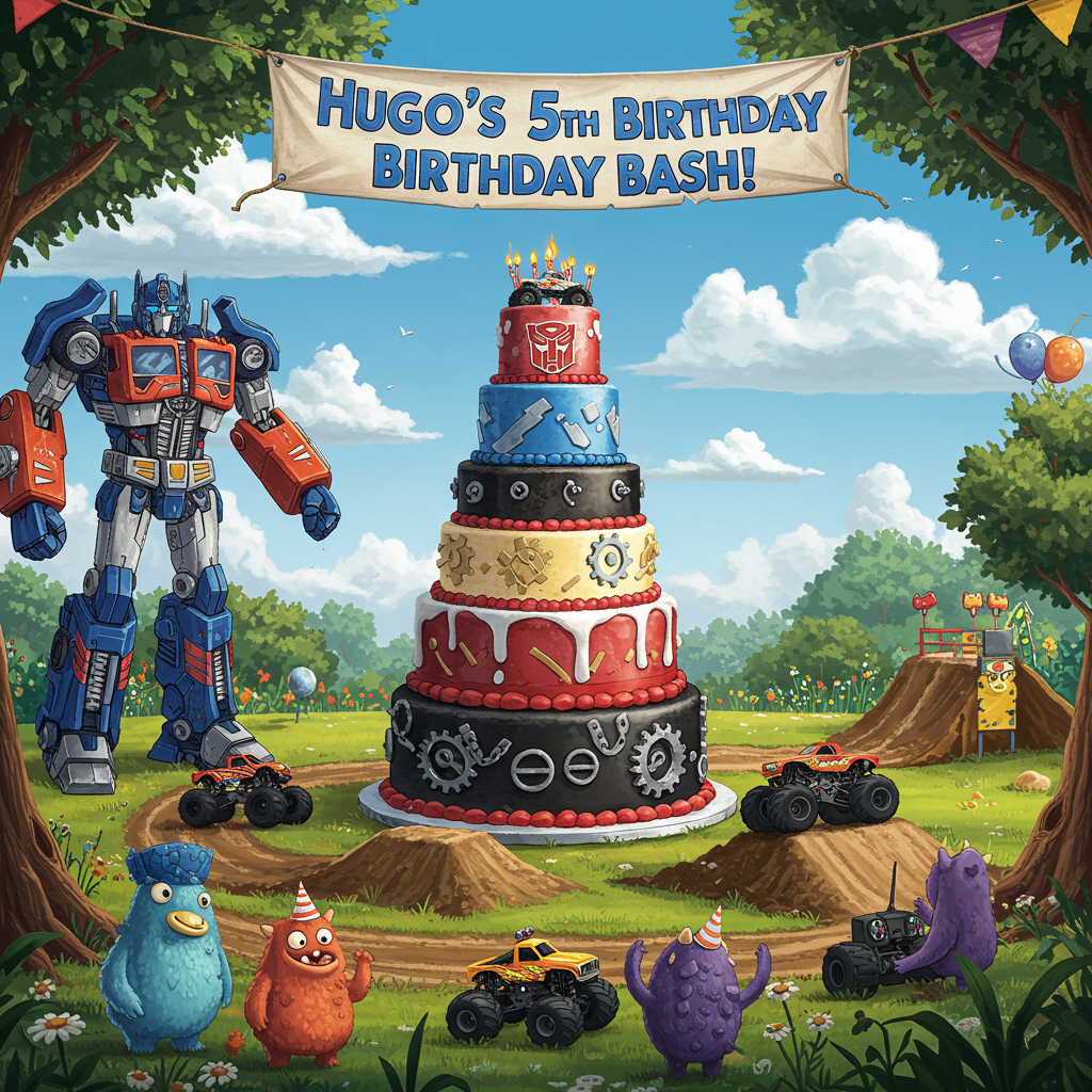 **Front Cover Design: "Hugo's Mighty Birthday Bash"**

**Background & Setting:**
Imagine a fantastical outdoor party setting in a vibrant park, filled with dynamic elements and whimsical details. The sky is a crisp blue with fluffy white clouds shaped like giant gears, subtly hinting at the Transformers theme. The ground is a rich tapestry of greens and browns, with small, intricately detailed wildflowers dotting the landscape, reminiscent of Beatrix Potter’s delicate botanical drawings.

**Central Illustration:**
In the middle of this lively scene, a towering cake stands proudly. It’s a five-tiered masterpiece in the shape of a Transformer, styled like Optimus Prime, but with playful, exaggerated features. Each tier is a different color—royal blue, vibrant red, metallic silver, and glossy black—with intricate mechanical details sketched in a style akin to Edward Gorey’s precise lines. On top of the cake, a miniature monster truck made of marzipan appears to be doing a daring wheelie, leaving tire marks in the frosting.

**Foreground Elements:**
At the foot of the cake, a small group of friendly cartoonish monsters, drawn with the expressive fluidity of Maurice Sendak, cheer joyously. They are gathered around a remote-controlled monster truck track, with miniature trucks racing around dirt mounds and ramps. The trucks are painted in vivid primary colors—yellow, red, and green—with chrome accents that glint like N.C. Wyeth's bright color palette.

**Banners & Text:**
Above the cake, an arching banner strung between two trees, with leaves sketched in the detailed manner of Arthur Rackham, reads "Hugo's 5th Birthday Bash!" in bold, dynamic letters. The banner flutters in a gentle breeze, with each letter decorated with tiny gears and truck tires.

**Additional Details:**
To the left, a life-sized Transformer made of balloons stands guard, designed with blocky proportions but filled with intricate Beardsley-esque patterns that captivate the eye. To the right, a wooden sign, painted with layers of rich earth tones as seen in Maxfield Parrish's work, leans casually against a tree. It points towards "Monster Truck Madness" and "Transformers Zone."

**Color Palette:**
The card features a vibrant, eye-catching palette with bold primary colors accented by metallic hues and earthy tones, creating a vivid contrast that draws the viewer's attention to every detail.

This scene is a rich tapestry of imaginative elements, designed to captivate the viewer's attention with its lively details and fantastical charm, perfect for celebrating Hugo’s adventurous 5th birthday.
Generated with these themes: 5th birthday, Transformers and monster trucks.
Made with ❤️ by AI.