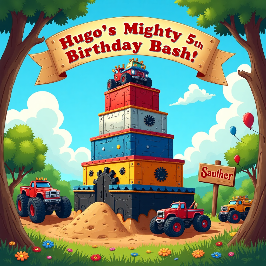 **Front Cover Design: "Hugo's Mighty Birthday Bash"**

**Background & Setting:**
Imagine a fantastical outdoor party setting in a vibrant park, filled with dynamic elements and whimsical details. The sky is a crisp blue with fluffy white clouds shaped like giant gears, subtly hinting at the Transformers theme. The ground is a rich tapestry of greens and browns, with small, intricately detailed wildflowers dotting the landscape, reminiscent of Beatrix Potter’s delicate botanical drawings.

**Central Illustration:**
In the middle of this lively scene, a towering cake stands proudly. It’s a five-tiered masterpiece in the shape of a Transformer, styled like Optimus Prime, but with playful, exaggerated features. Each tier is a different color—royal blue, vibrant red, metallic silver, and glossy black—with intricate mechanical details sketched in a style akin to Edward Gorey’s precise lines. On top of the cake, a miniature monster truck made of marzipan appears to be doing a daring wheelie, leaving tire marks in the frosting.

**Foreground Elements:**
At the foot of the cake, a small group of friendly cartoonish monsters, drawn with the expressive fluidity of Maurice Sendak, cheer joyously. They are gathered around a remote-controlled monster truck track, with miniature trucks racing around dirt mounds and ramps. The trucks are painted in vivid primary colors—yellow, red, and green—with chrome accents that glint like N.C. Wyeth's bright color palette.

**Banners & Text:**
Above the cake, an arching banner strung between two trees, with leaves sketched in the detailed manner of Arthur Rackham, reads "Hugo's 5th Birthday Bash!" in bold, dynamic letters. The banner flutters in a gentle breeze, with each letter decorated with tiny gears and truck tires.

**Additional Details:**
To the left, a life-sized Transformer made of balloons stands guard, designed with blocky proportions but filled with intricate Beardsley-esque patterns that captivate the eye. To the right, a wooden sign, painted with layers of rich earth tones as seen in Maxfield Parrish's work, leans casually against a tree. It points towards "Monster Truck Madness" and "Transformers Zone."

**Color Palette:**
The card features a vibrant, eye-catching palette with bold primary colors accented by metallic hues and earthy tones, creating a vivid contrast that draws the viewer's attention to every detail.

This scene is a rich tapestry of imaginative elements, designed to captivate the viewer's attention with its lively details and fantastical charm, perfect for celebrating Hugo’s adventurous 5th birthday.
Generated with these themes: 5th birthday, Transformers and monster trucks.
Made with ❤️ by AI.