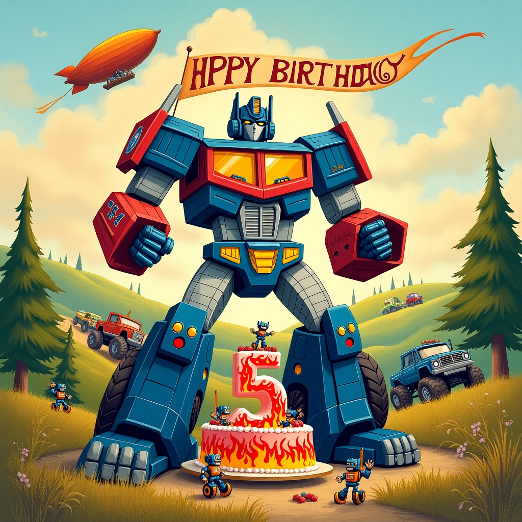 The front cover of the birthday greeting card is a vivid and whimsical illustration, blending the imaginative worlds of Transformers and monster trucks into a fantastical 5th birthday celebration.

**Foreground:**
Dominating the foreground is a colossal, hand-drawn Transformer, reminiscent of the grandeur and detail of a Maxfield Parrish piece. This Transformer, vibrant in shades of metallic blue and silver, is mid-transformation—half robot, half monster truck. Its wheels are oversized, and one is raised in an action-packed pose, capturing the essence of both strength and playfulness. The vehicle part of its body has bold, flame decals in striking reds and oranges, echoing the fiery energy of a 5-year-old's birthday.

**Centerpiece:**
In the center, where the Transformer’s hands meet, is a large, intricately detailed birthday cake, akin to something out of a Beatrix Potter book. The cake is layered, with the number "5" perched on top in vivid, glowing red icing. The cake is decorated with tiny monster trucks and miniature Transformer figures, expertly crafted with the delicacy of an Arthur Rackham illustration.

**Background:**
The backdrop is an expansive scene, reminiscent of a Maurice Sendak dreamscape. There’s a lush, rolling landscape filled with cartoonish, gently swaying trees. In the sky above, an airship—a nod to Quentin Blake’s whimsical style—floats serenely. The airship carries a banner trailing behind it, adorned with the name "Hugo" in large, playful letters. The letters are painted in bright primary colors: red, yellow, and blue, set against a sky of soft, sunset hues.

**Additional Elements:**
Small, detailed characters scatter throughout the scene. A group of friendly, tiny robots is seen cheering from the base of the Transformer, rendered with an Edward Gorey touch—precise lines, quirky expressions. In the distance, a pathway winds through the hills, where a convoy of monster trucks is depicted with the precision of a Norman Rockwell illustration, each vehicle unique in color and design.

Overall, the illustration bursts with life and detail, inviting viewers into a world where Transformers and monster trucks unite to celebrate a grand 5th birthday for Hugo.
Generated with these themes: 5th birthday, Transformers and monster trucks.
Made with ❤️ by AI.