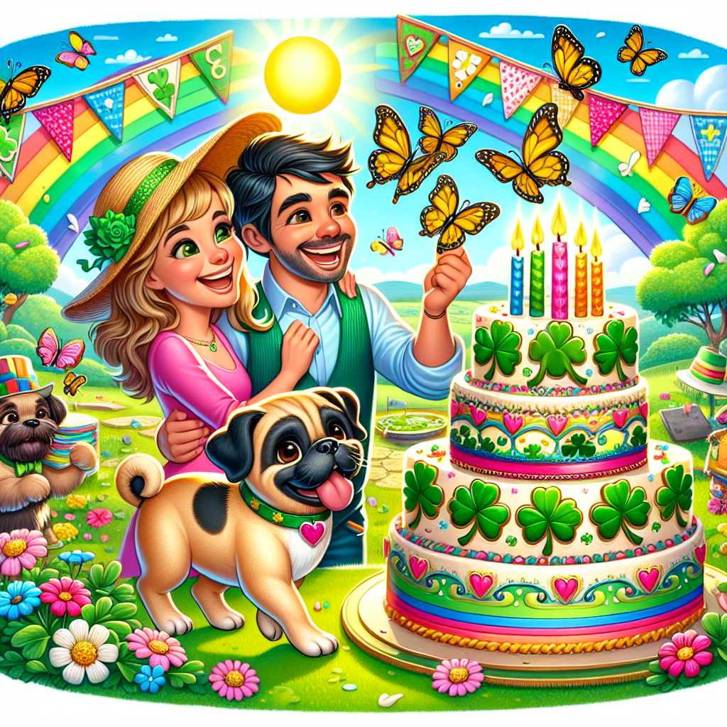 Craft a lively summer birthday scene featuring a delighted Hispanic and a Middle Eastern man, who are a joyful couple, celebrating excitedly alongside an animated puggle chasing butterflies. The backdrop unfolds as an enchanting sun-coated Irish meadow sprinkled with four-leaf clovers. Enhance this cheerful scene with elements such as a rainbow-patterned birthday banner, a tall four-layered cake richly details with shamrock adornments and vibrant fondant. Add to this a blend of delightful cartoon characters in festive apparel. Ensure that the scene's color palette reflects a vivid jamboree of hues excuding pride and happiness.
Generated with these themes: Irish, Gay, Birthday, Puggle , and Summer.
Made with ❤️ by AI.