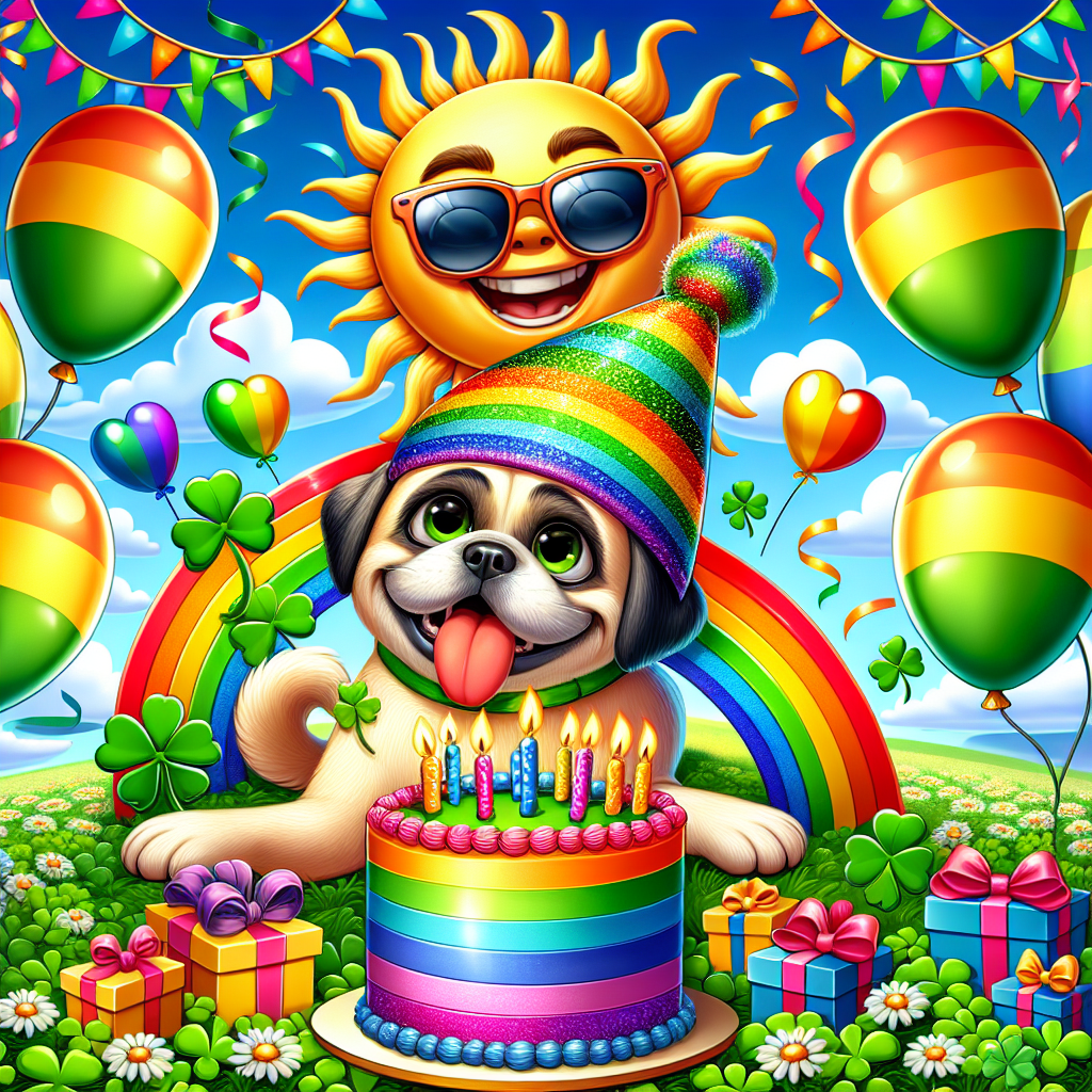 Create a vivid summer birthday scene with a clear azure sky and a grinning sun adorned with sunglasses. In the middle of the scene, a delightful cartoon puggle, arrayed in a vibrant rainbow bandana symbolizing Gay Pride, playfully navigates through a field of lush green clovers showcasing an Irish theme. Multicolored balloons and a cake layered with a spectrum of rainbow colors and topped off with a shamrock further emphasize the celebration. Add cartoon characters of various descent and gender, sporting festive party hats and exchanging gifts beneath rainbow-hued streamers to intensify the convivial atmosphere.
Generated with these themes: Irish, Gay, Birthday, Puggle , and Summer.
Made with ❤️ by AI.