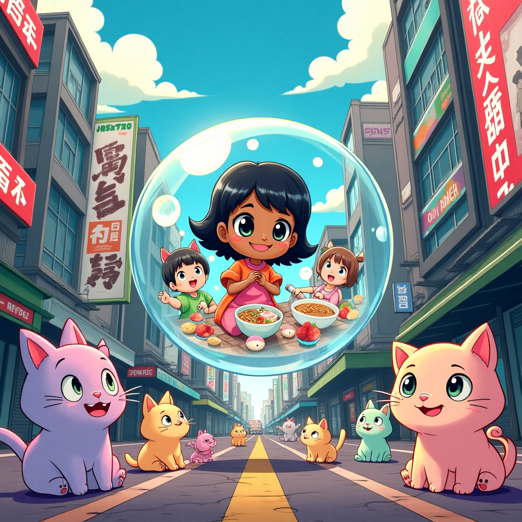 **Front Cover Description:**

The scene bursts with vibrant colors and a whimsical, cartoonish style, inspired by the playful aesthetics of Charles Schulz and the imaginative worlds of Osamu Tezuka. The setting is a bustling Tokyo street, depicted with the distinct flair of an anime cityscape—towering skyscrapers adorned with neon lights and billboards showcasing anime characters and K-Pop stars.

**Foreground:**

- **Central Character:** A chibi version of a 19-year-old light-skinned girl with exaggerated large, sparkling eyes and a mischievous smile floats inside a giant translucent bubble. Her bubble is nestled among other bubbles that contain her four chibi-style friends, each with distinctive hairstyles and outfits that reflect their vibrant personalities.
  
- **Friends:** The four 19-year-old black lady friends each wear brightly colored, fashion-forward outfits inspired by modern Tokyo streetwear. They are depicted with exaggerated expressions of surprise and delight, their eyes wide and cartoonish.

**Midground:**

- **Cats and Kittens:** Playful cats and kittens frolic among the bubbles, some peering curiously into them. The cats have exaggerated features, large eyes, and small mouths, reminiscent of Bill Watterson's lively animal characters. Their fur is a mix of pastels and vivid hues—pink, mint, and lavender.

- **Japanese Cuisine:** Floating in mid-air around the bubbles are cartoonishly rendered bowls of real Japanese ramen, with steam spiraling up and garnished with slices of vibrant pink fish cake. Nearby, mochi ice cream balls in pastel shades of pink, green, and yellow hover like tiny planets, and slices of strawberry cheesecake with exaggerated dripping strawberries add a sweet touch.

**Background:**

- **Billboards:** A massive billboard in the background features the K-Pop band TOMORROW X TOGETHER, depicted in an exaggerated cartoon style. The members are striking dynamic poses with oversized microphones, surrounded by bright lights and musical notes.

- **Anime Influence:** Posters and banners celebrating anime characters flutter in the breeze, adding an extra layer of cultural richness to the cityscape. Characters are drawn in classic manga style with sharp lines and expressive poses.

**Text Element:**

- **"Victoria Antoine":** This name is creatively incorporated into the scene by being spelled out with whimsical clouds floating high in the sky, above the Tokyo cityscape. The letters are fluffy and dynamic, shaped as if sculpted by a playful breeze.

The card exudes a sense of bustling energy and cultural fusion, perfectly capturing the spirit of a joyous, youthful birthday celebration in Tokyo.
Generated with these themes: Chibi light skin 19 year old girl floating in bubbles in tokyo japan with her four 19 year old black lady friends, Cats and kittens , Mochi Ice Cream , Strawberry Cheesecake , Real Japanese Ramen , K-Pop Band TOMORROW X TOGETHER, and Anime .
Made with ❤️ by AI.