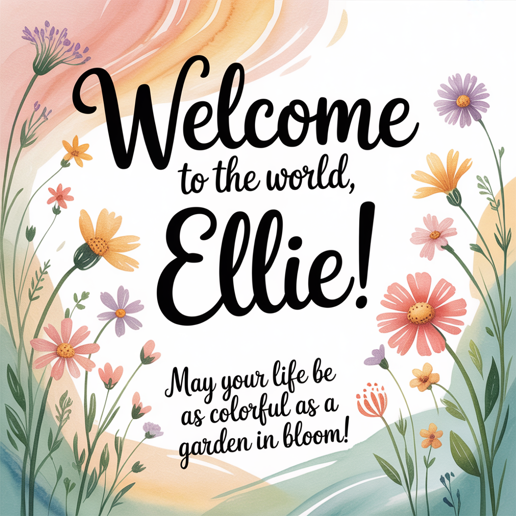 At the top of the image, "Welcome to the world, Ellie!"

At the bottom of the image, "May your life be as colorful as a garden in bloom!"

- The image features a gentle watercolor scene with soft, swirling washes of pastel colors like peach, mint, and lavender. 
- A whimsical array of cheerful wildflowers with delicate green stems dances across the image, accentuating the joyful theme. 
- The text is rendered in a playful, hand-painted script that appears to float above the floral scene, capturing the lightness and warmth of the occasion.
Generated with these themes: Give cute, creative design ideas for a new baby greeting card. Include imagery, colors, font styles. Keep it gender-neutral, warm, and joyful, Flowers, and .
Made with ❤️ by AI.