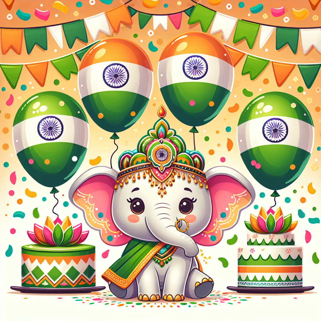 Illustrate a vibrant and cute cartoon birthday scene featuring balloons in the tricolors of saffron, white, and green, representing the Indian flag. The presence of a festive elephant, ornamented with traditional geometric motifs characteristic of Indian designs, is at the heart of the celebration. The elephant holds a cake, surmounted with an intricate figurine of the Taj Mahal. The entire scene is showered with confetti taking the form of Lotus flowers, India's national flower, contributing to the lively and joyful ambiance.
Generated with these themes: Indian .
Made with ❤️ by AI.