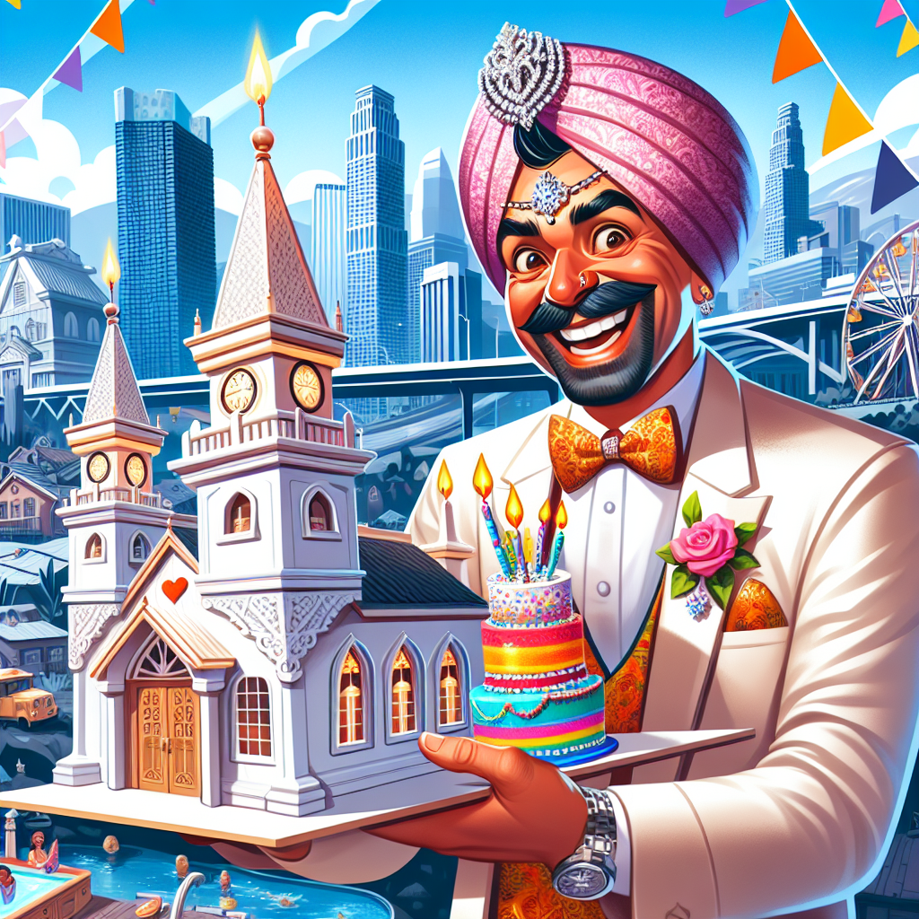 A whimsical birthday-themed illustration featuring a charming small wedding chapel, white in color and bearing notable semblance to the unique architecture iconic to Las Vegas. This delightful chapel is positioned against the dynamic backdrop of a cityscape that mimics the lively and energetic ambiance of Los Angeles. In the foreground, a cheerful man of Indian descent is illustrated. His facial expression is one of wide smiles, embodying joy and excitement. He is dressed in vibrant, festive attire that enhances the celebratory mood of the scene. This male character proudly holds aloft a colorful birthday cake, alight with candles, signifying imminent celebration and merriment.
Generated with these themes: Little white wedding chapel, Las vegas, Los Angeles, and Indian male.
Made with ❤️ by AI.