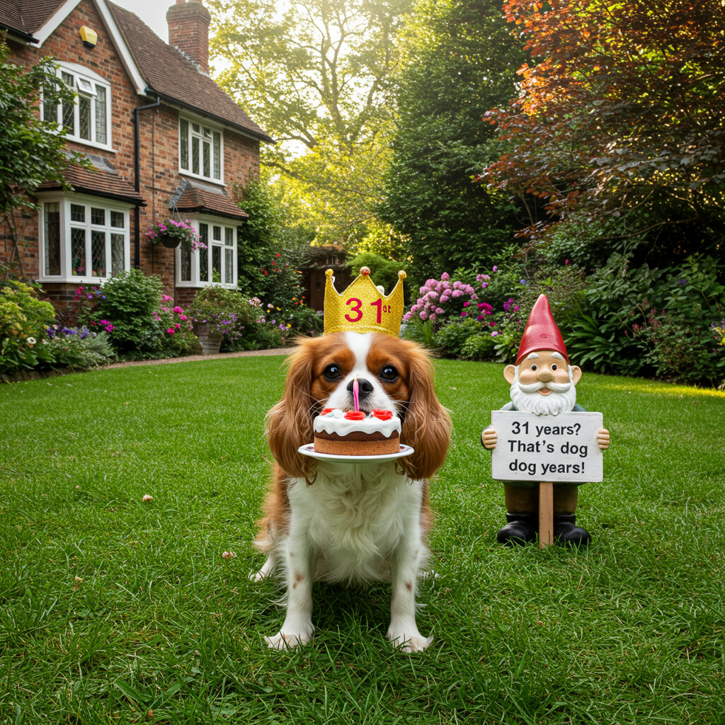 King Charles dog, house, garden, and Birthday Card