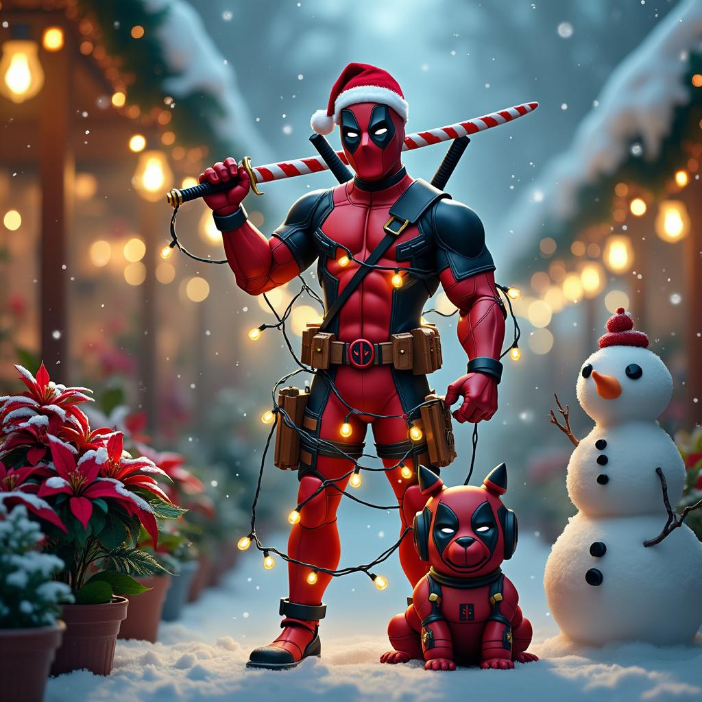 In a bustling Christmas market, Deadpool stands out in his red and black suit adorned with a Santa hat, gripping a candy cane sword. He's cheerily tangled in a string of vibrant LED Christmas lights, flashing synchronously to festive tunes. Snowflakes drift down, capturing the soft glow from the overhead fairy lights and the lit-up market stalls. Clustered around Deadpool are pots of vivid poinsettias and frosted pinecones, adding dashes of green and red to the snowy scene. Right beside him, Dogpool sports a tiny reindeer antlers headband and a matching scarf. On Deadpool's other side, a pile of snow has been humorously sculpted to resemble a snowman with Deadpool's signature mask, complete with a carrot nose.
Generated with these themes: Deadpool, Flowers, Snow, and Dogpool.
Made with ❤️ by AI.