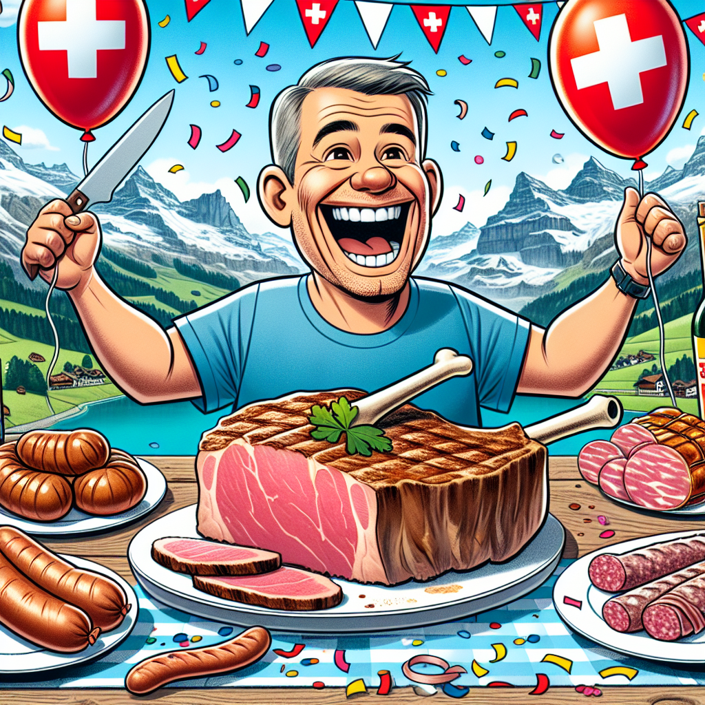 The cartoon scene illustrates a lively birthday celebration set against the scenic backdrop of Switzerland's beautiful mountains. At the center, a joyously laughing, clean-shaven 50-year-old Caucasian man with short grey hair and a friendly button nose is the main character. Surrounding him are cartoonish and vibrant depictions of a colossal Tomahawk steak, an assortment of characteristically Swiss sausages, and thick strips of bacon. The ambiance of joy is heightened by confetti and balloons, the latter featuring endearing sketches of the man delighting in a variety of Swiss culinary treats.
Generated with these themes: Clean shaven 50year old man, Grey short hair , Button nose, Tomahawk steak, Switzerland, Sausages, and Bacon.
Made with ❤️ by AI.