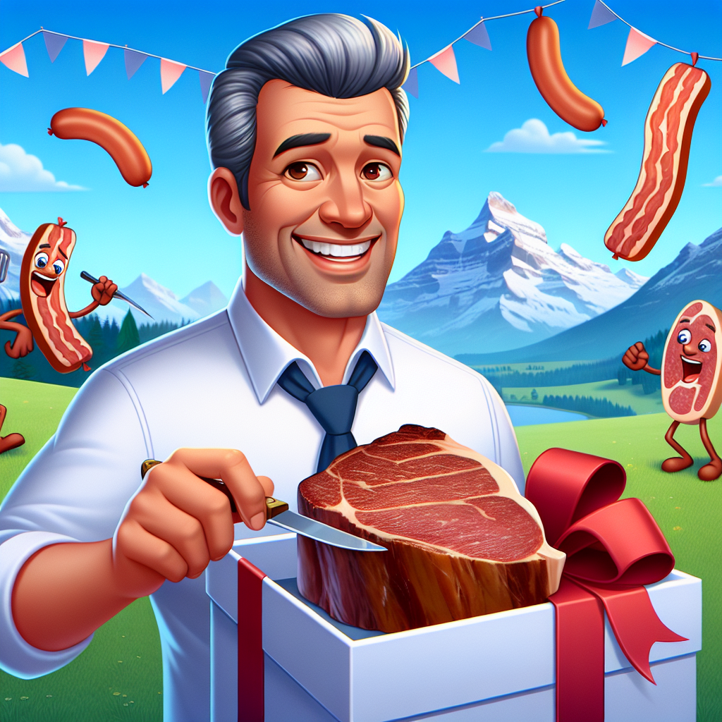 Create an amusing birthday-themed cartoon featuring a happy 50-year-old Caucasian man with a youthful button nose and neatly trimmed grey hair. He is situated in the serene setting of the Swiss Alps. Despite his clean appearance, he showcases a playful demeanor as he unwraps a gift that reveals a gigantic Tomahawk steak. Accompanying him, animated sausages and bacon slices are dancing to a lively tune, crafting a whimsical and joyous environment. This festive depiction reflects the celebration and recognition of his half-century milestone.
Generated with these themes: Clean shaven 50year old man, Grey short hair , Button nose, Tomahawk steak, Switzerland, Sausages, and Bacon.
Made with ❤️ by AI.