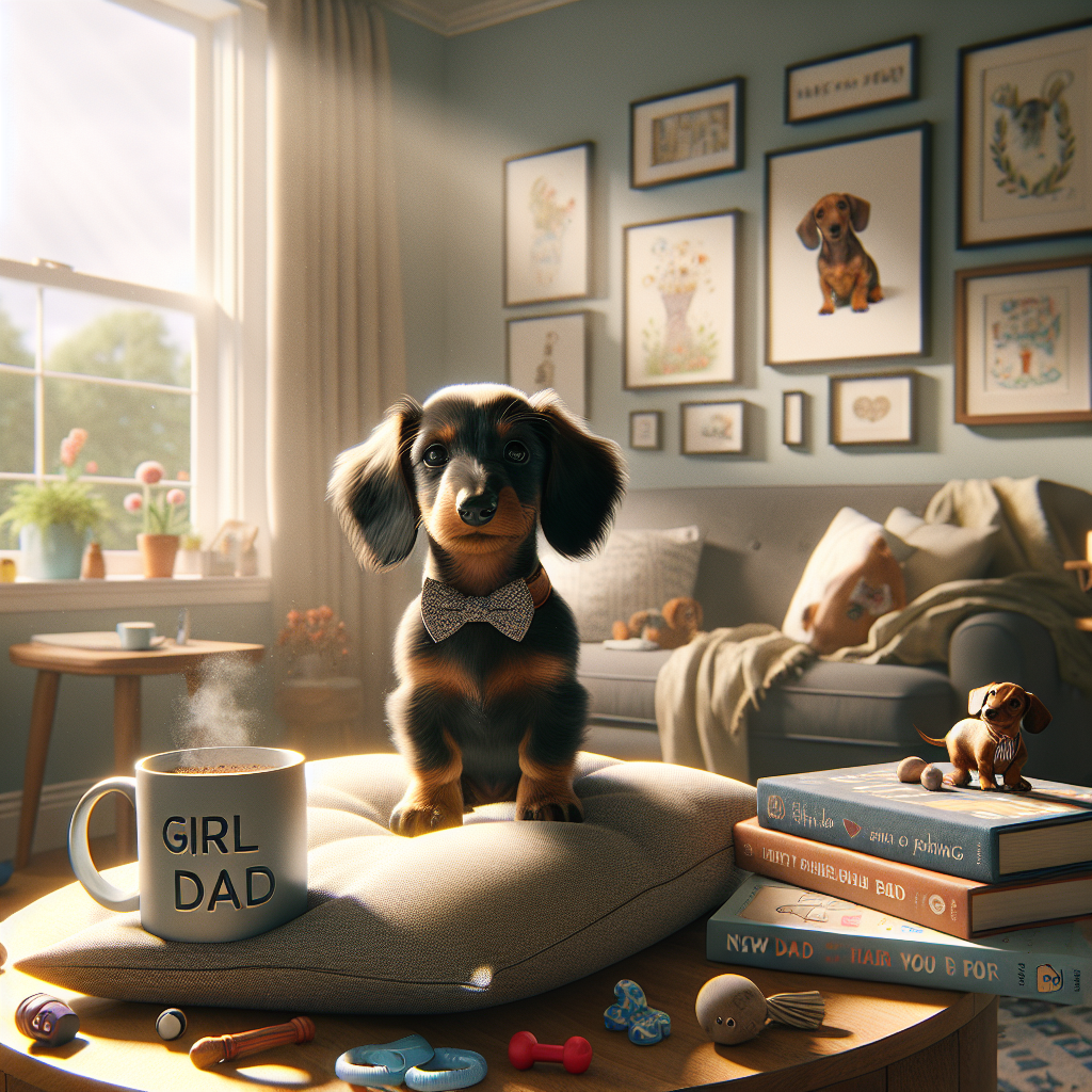 Imagine a homey and comfortable living room bathed in the gentle light of the sun cascading through a window, imbuing the room with a comforting warmth. Sitting proudly on a soft cushion is a lively dachshund puppy, its fur a mix of deep black and earthy tan. This little canine is seen wearing a playful bow tie around its neck, suggesting a sense of mischief and playfulness. Adjacent to the puppy, a stack of 'New Dad' books on parenting can be seen, offering silent advice to perhaps a soon-to-be father. Dotting the area are numerous dog toys, each one hinting at the joyful and carefree hours spent in the room. A custom mug bearing the words 'Girl Dad' is filled to the brim with aromatic coffee, emanating a warm scent. It sits on a side table, a small testament to quiet moments of self-reflection. In the backdrop, the walls of the room boast heart-warming illustrations of fathers spending quality time with their children - a scene that brings a smile to any face. A 'Happy Father's Day' banner decorates the fireplace, radiating a sincere sentiment of love and appreciation.
Generated with these themes: Black and tan dachshund , and New girl dad.
Made with ❤️ by AI.