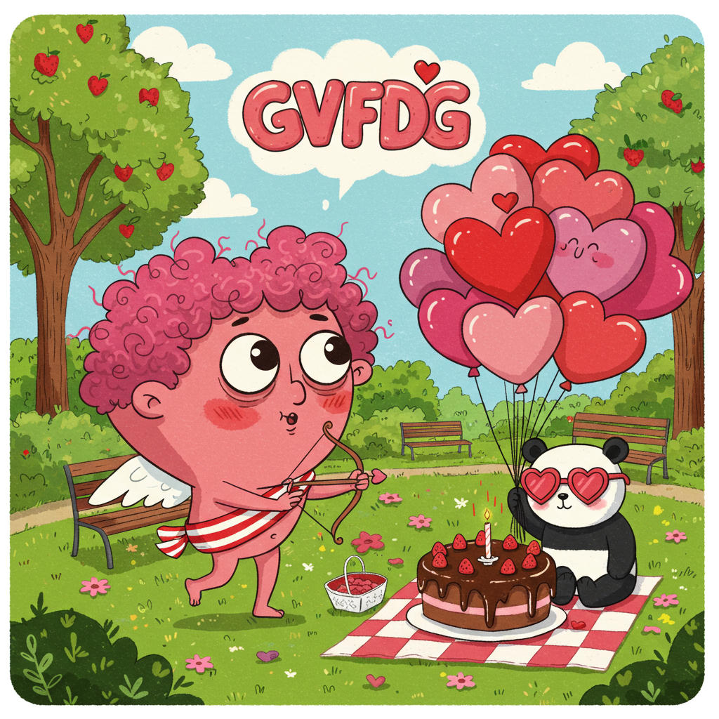**Valentine's Day Card Design**

**Scene Description:**

1. **Characters**:
   - **Main Character**: A comically exaggerated, heart-shaped Cupid with large, googly eyes and oversized wings. He’s sporting a red and white striped bow tie, reminiscent of Charles Schulz’s playful and innocent style. His cheeks are rosy, and his hair is a wild, tousled mass of pink curls, a nod to the whimsy found in Bill Watterson’s work.
   - **Sidekick Character**: A quirky, love-struck panda wearing heart-shaped sunglasses, akin to Osamu Tezuka’s endearing, simplistic character design. The panda is clutching a large bouquet of vibrantly colored balloons in various heart shapes and sizes, echoing Gary Larson’s exaggerated humor.

2. **Background Elements**:
   - **Setting**: A bustling park scene filled with cartoon-style trees and benches. The trees are lush with oversized, bright green leaves and red heart-shaped fruits, similar to the imaginative landscapes of Winsor McCay.
   - **Sky**: A clear blue sky with cartoonish fluffy clouds floating across. In one cloud, in a fun and exaggerated font, is the text “gvfdg.” The lettering is large and balloon-like, drawing inspiration from Walt Disney’s lively and dynamic text styles.

3. **Foreground Elements**:
   - **Ground**: The grass is a vibrant green, with tiny red and pink heart-shaped flowers scattered across it, taking cues from the detailed environments in Hergé’s work.
   - **Additional Features**: 
     - A large, comical chocolate cake sitting on a picnic blanket, with strawberries and a giant bow on top, emphasizing the playful opulence found in Art Spiegelman’s style. The cake is tilted slightly as if teetering on the edge, adding a dash of R. Crumb’s quirky, underground vibe.
     - A park fountain shaped like a giant heart with water spouting in graceful arcs, similar to Will Eisner’s elaborate and captivating settings.

4. **Color Palette**:
   - **Primary Colors**: Bright reds, pinks, and whites dominate the scene, accentuating the Valentine’s theme.
   - **Accent Colors**: Soft blues and greens for the sky and grass, adding balance and depth to the vibrant reds and pinks.

This scene combines whimsical characters with exaggerated features and a lively setting, drawing inspiration from iconic cartoonists to create a delightful, humorous Valentine's Day card.
Generated with these themes: Fgdg, and .
Made with ❤️ by AI.