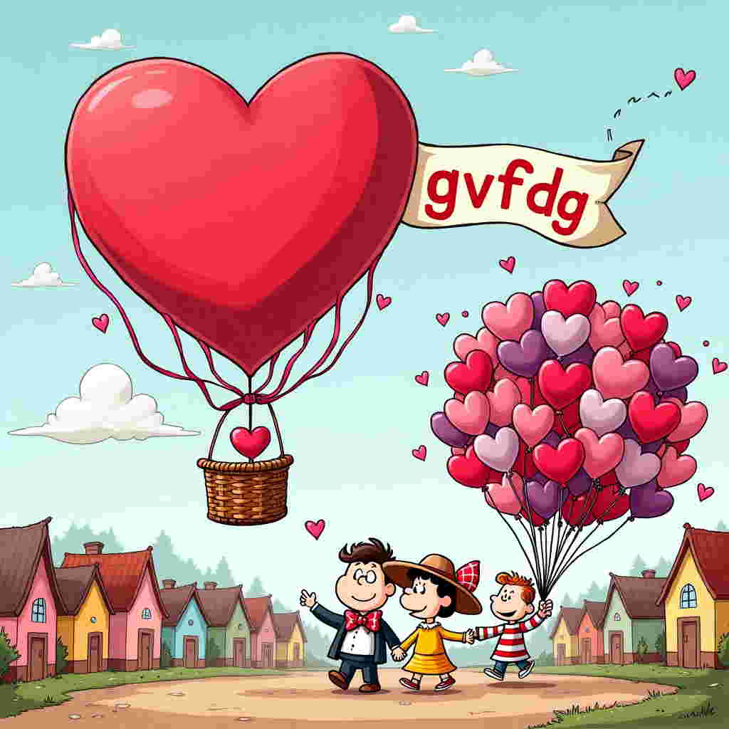 The front cover of this Valentine's Day card bursts with vibrant colors and features a whimsical cartoon style. In the center, a gigantic heart-shaped hot air balloon hovers in the sky, its vivid red hue bright against the light blue sky dotted with fluffy white clouds. The balloon basket is woven with oversized pink and purple ribbons that trail whimsically in the breeze.

Beneath the balloon, a quaint cartoon town stretches across the horizon. The buildings are a patchwork of bright pastel colors, reminiscent of the charming settings in Charles Schulz's Peanuts. Each house sports a distinct style—some with pointy roofs, others with domed tops, and all adorned with heart-shaped windows.

To the left, a comical couple with exaggerated features—large, sparkling eyes and bulbous noses—stroll hand in hand. Their expressions are animated, reminiscent of Bill Watterson's Calvin and Hobbes characters, their heads comically oversized compared to their tiny, cartoonish bodies. The male figure wears a plaid bowtie that pops with red and white squares, while the female character dons an oversized sun hat adorned with a massive heart-shaped bow.

To the right, a character styled in the quirky, exaggerated form of Gary Larson's The Far Side holds an enormous bouquet of heart-shaped balloons in every shade of pink, red, and violet. The character's face is humorously squished against the bouquet, eyes peeking through, creating a playful sense of scale and surprise.

In the upper right corner, a banner flutters in the breeze, with the text "gvfdg" playfully inscribed in bold, bubbly letters. The letters are surrounded by tiny cartoon hearts, emphasizing the Valentine's theme. This banner seems to float across the sky, caught in the wind's playful dance.

The scene captures the essence of Valentine's Day with vibrant hues and exaggerated forms, a colorful nod to the artists' playful storytelling styles without directly imitating any single one.
Generated with these themes: Fgdg, and .
Made with ❤️ by AI.