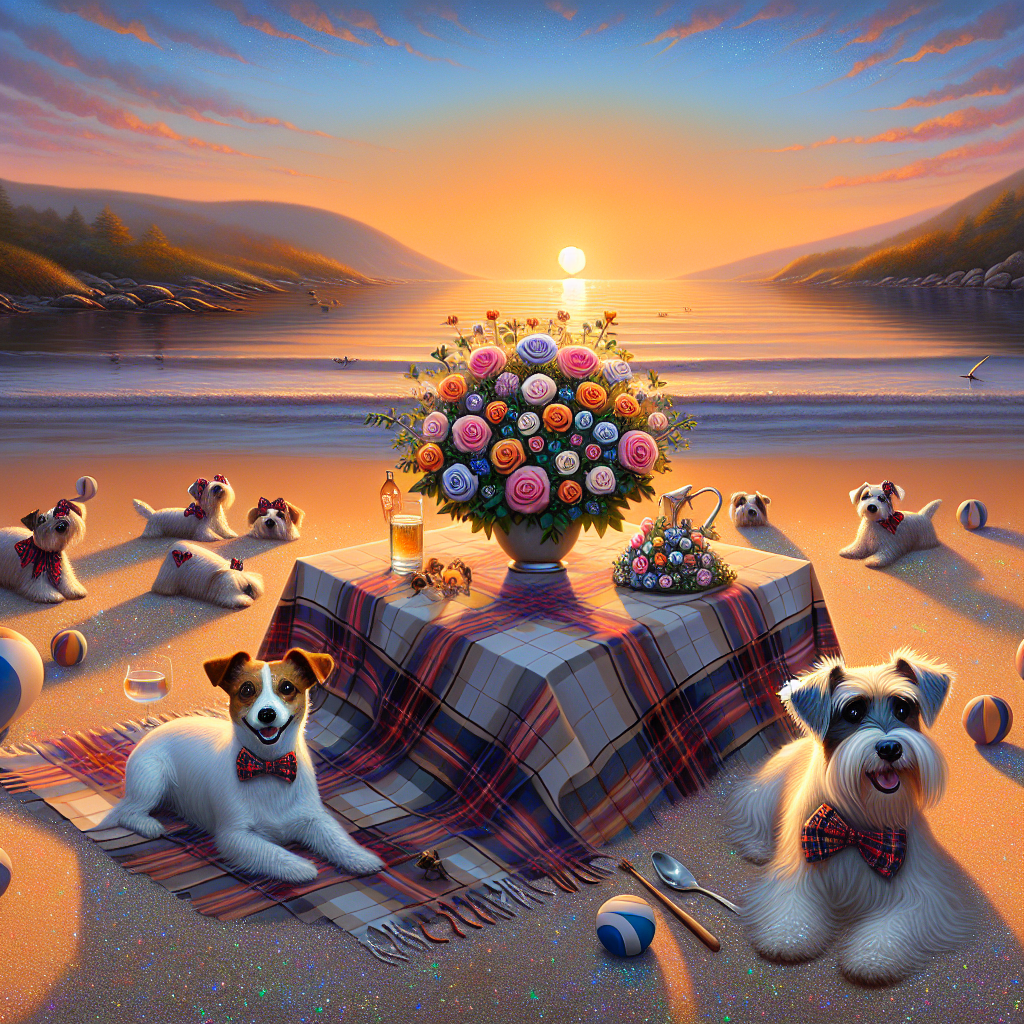 Imagine a serene beach at dusk with the calm setting sun providing a soothing backdrop for a 40th birthday celebration characterized by an abstract aura. The sun's mellow shades cast a comforting illumination over the scene, highlighting the Scottish tartan-patterned blankets dispersed along the coastline. Cheerful Jack Russell and Miniature Schnauzer dogs, adorned with tartan bows, show their playful side in the sandy environment. Close to the water's boundary, a table sprinkled with shining glitter displays an elegant assembly of roses merged with shamrocks as an emblem of good fortune. The Scottish touches blend flawlessly, lending an undertone of the highlands towards the sober celebration.
Generated with these themes: Jack russell, Miniature schnauzer , Scotland, Tartan, Shamrock, Sunset, Beach , Roses, Glitter, and 40th Birthday.
Made with ❤️ by AI.
