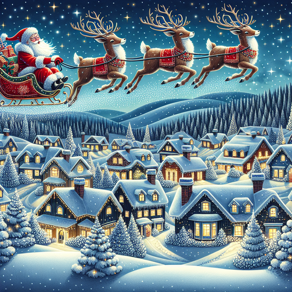 In this enchanting visual, Santa and his reindeer glide gracefully over a wintry village tableau. The illustration captures the essence of yuletide joy with snow-covered cottages and twinkling village lights welcoming the annual flight.
Generated with these themes: santas flying his seligh over cottages and a village.
Made with ❤️ by AI.
