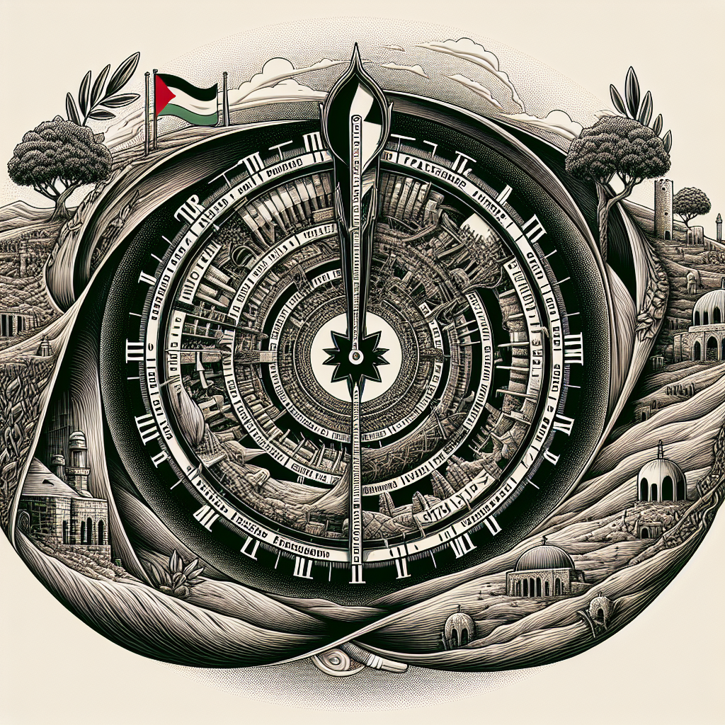 Create a surreal vector illustration that commemorates an anniversary. The core of the illustration is embedded with the phrase 'Palestine, Palestine, Palestine'. The scenery is designed to fold into itself like an intricate mandala, showing how time and space bend around the central theme of a country's enduring spirit. This spirit is symbolically represented through details such as olive branches, landmarks that evoke a sense of deep-rooted history, and a unique clock face. This clock face doesn't display traditional hour marks, instead, each hour is replaced with the name of the nation.
Generated with these themes: Palestine, Palestine, Palestine .
Made with ❤️ by AI.