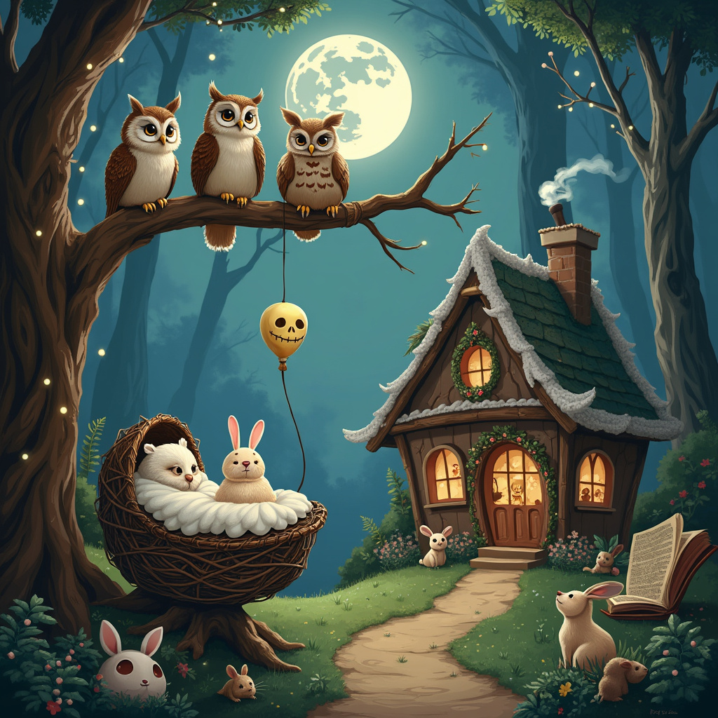 Picture a whimsical forest clearing bathed in the gentle, dappled light of a moonlit night, with tall, ancient trees framing the scene. Perched on a low-hanging branch is an enchanting family of owls, each one adorned with tiny, intricate patterns reminiscent of classic Disney characters—one owl wears a little hat that looks like Mickey Mouse ears, another has a delicate Tinkerbell wing pattern on its feathers. 

Below the branch, nestled in a cozy cradle made from interwoven twigs and soft moss, lies a newly born baby owl. The cradle is subtly adorned with faint, elegantly carved skull motifs, blending the quirky and the cute. Next to the cradle, a cheerful skull-shaped balloon floats gently, its friendly grin mimicking that of Jack Skellington from "The Nightmare Before Christmas."

In the background, the trees are festooned with fairy lights that cast a magical glow, and tiny woodland creatures—rabbits, mice, and hedgehogs—peek out curiously from the underbrush. On a nearby tree stump, an open storybook rests, its pages illustrated with scenes of Disney fairy tales, suggesting that the owls have been reading to the newborn.

A soft, silvery path winds through the forest, leading to a quaint, gingerbread-style cottage that looks like it was plucked straight out of a Disney movie. The cottage has whimsical, asymmetrical windows and a charmingly crooked chimney, with smoke spiraling into the night sky, forming the faint shapes of more Disney characters.

All these elements together create a scene that is both magical and heartwarming, celebrating the arrival of the new baby owl with a blend of quirky skull motifs, endearing owls, and beloved Disney references.
Generated with these themes: Owls, Skulls, and Disney.
Made with ❤️ by AI.
