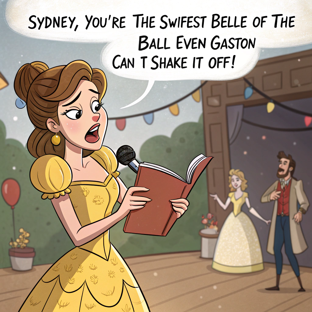 At the top of the image, "Sydney, you’re the Swiftest Belle of the Ball—Even Gaston Can’t Shake It Off!"

- Illustrate a hilarious cartoon mash-up scene: Sydney as Belle in her iconic yellow dress, holding a book titled “1989” in one hand and a microphone in the other, mid power ballad.

- In the background, Gaston dramatically sulks, heartbroken and pouting with a “You Belong with Me” banner dangling from his hunting lodge.

- Enchanted objects (like Lumière and Cogsworth) cheer and hold signs like “Team Taylor” and “Swifties Forever!”

- Add sparkly hearts, roses, and floating music notes swirling around Sydney for maximum over-the-top Valentine energy.
Generated with these themes: Taylor swift and belle.
Made with ❤️ by AI.