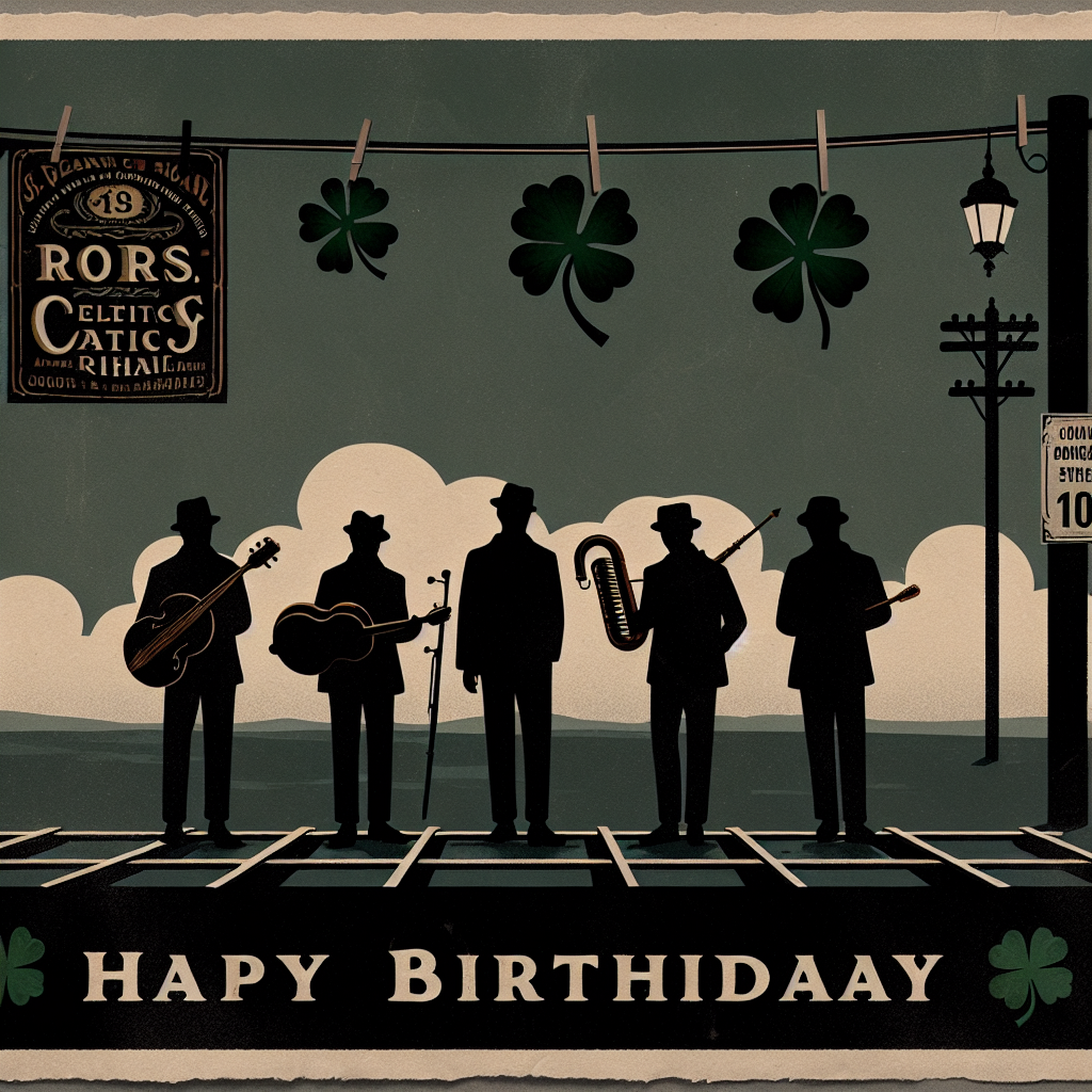 Illustrate a quiet birthday celebration that carries a moody atmosphere. There should be four silhouette figures standing in the middle, each holding a different musical instrument, reminiscent of an old athletic track crossing. The backdrop should be a dusky sky creating a melancholy ambiance. There should also be a vintage poster related to a dark, rich malt beverage in the background, adorned with muted green clover-shaped leaves, referencing Celtic heritage and traditions. This scene should reflect the nostalgia tied to music and culture.
Generated with these themes: The Beatles, Guinness , Music, and Irish.
Made with ❤️ by AI.