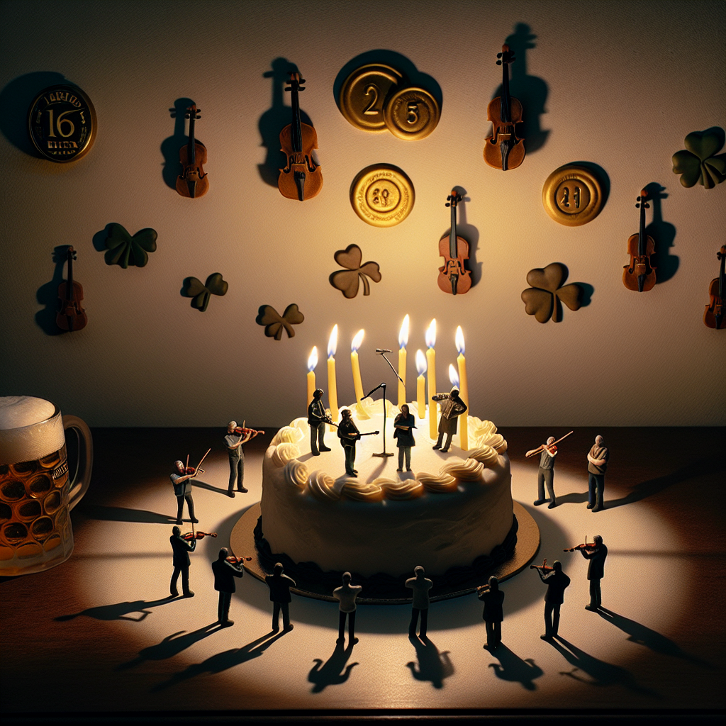 Visualize a scene set in a softly lit room, exuding a serious birthday atmosphere paired with Irish elements and melodies. The central object is a cake decorated with miniature, non-specific individuals who resemble music band members, with the candlelight forming shadows on the walls decorated with golden disks and Irish beer symbols. Gentle notes from a violin permeate the room, hinting a musical link to Irish heritage. The scene invokes contemplation, blending life's celebrations with an admiration for classic tunes and a culturally rich history.
Generated with these themes: The Beatles, Guinness , Music, and Irish.
Made with ❤️ by AI.
