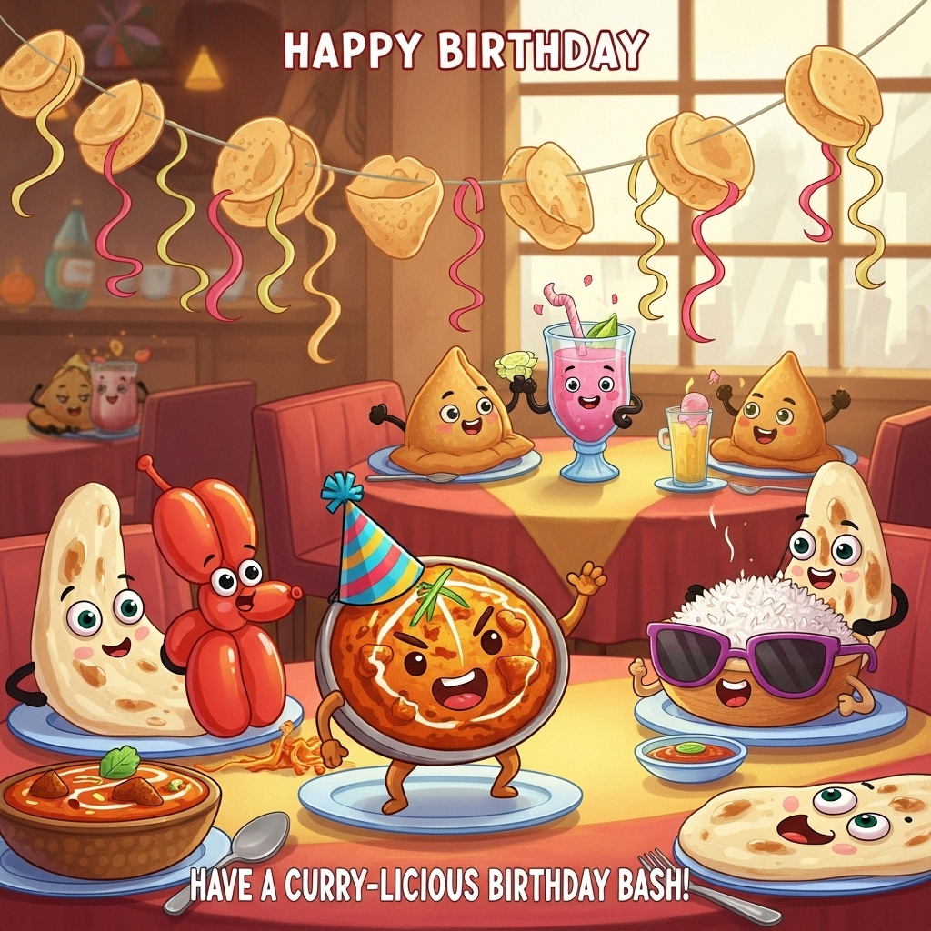 Indian food, illustration, quirky, girly , and Birthday Card