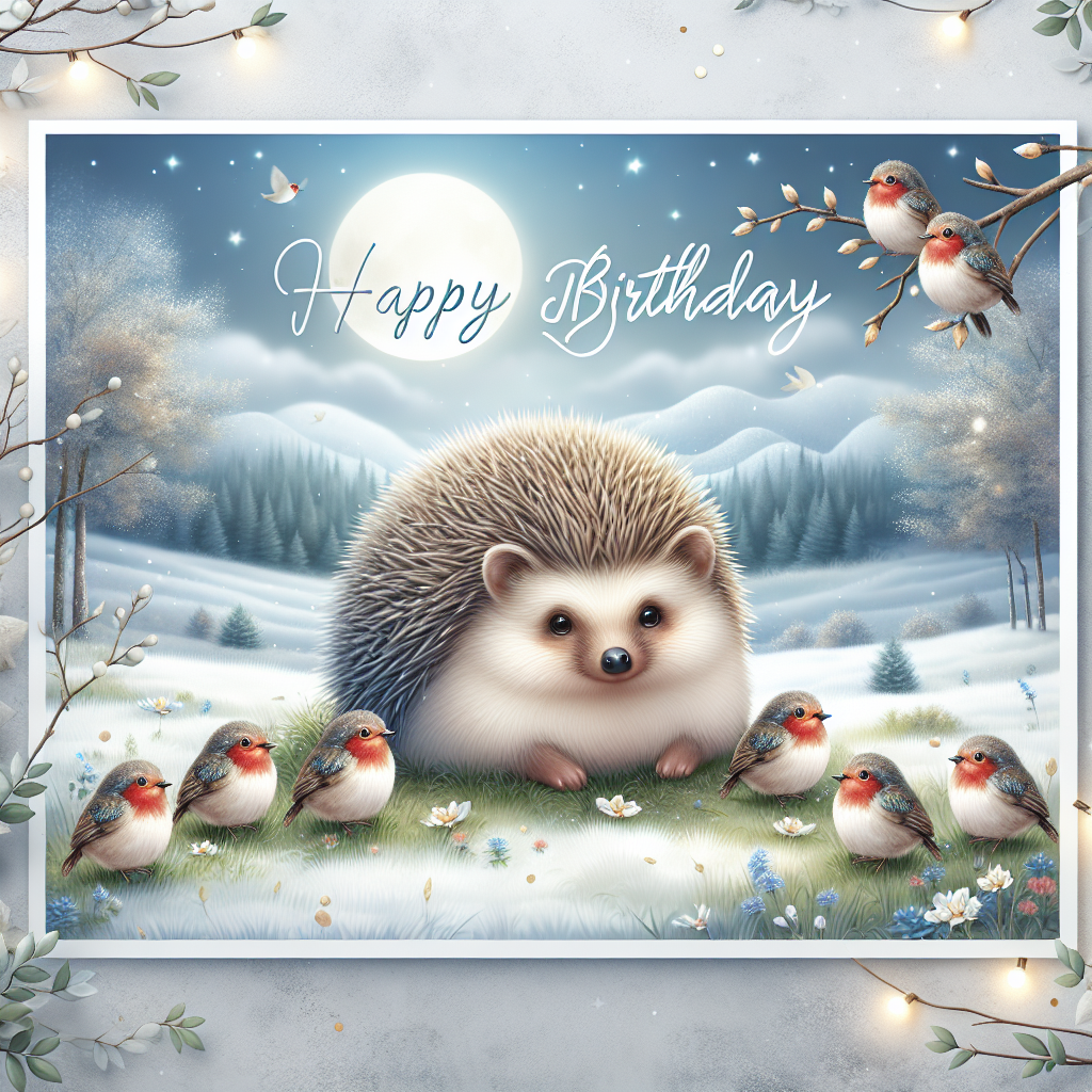 Imagine a birthday-themed illustration in which a charming hedgehog takes center stage. Surround it with tiny robins, resting peacefully on nearby tree branches. The backdrop consists of a calm and pristine natural landscape, bathed in the soft-alluring radiance of a full moon. This setting engenders a magical atmosphere that harmonizes beautifully with the celebratory ambiance.
Generated with these themes: Hedgehog , Robins, Nature, and Moon .
Made with ❤️ by AI.