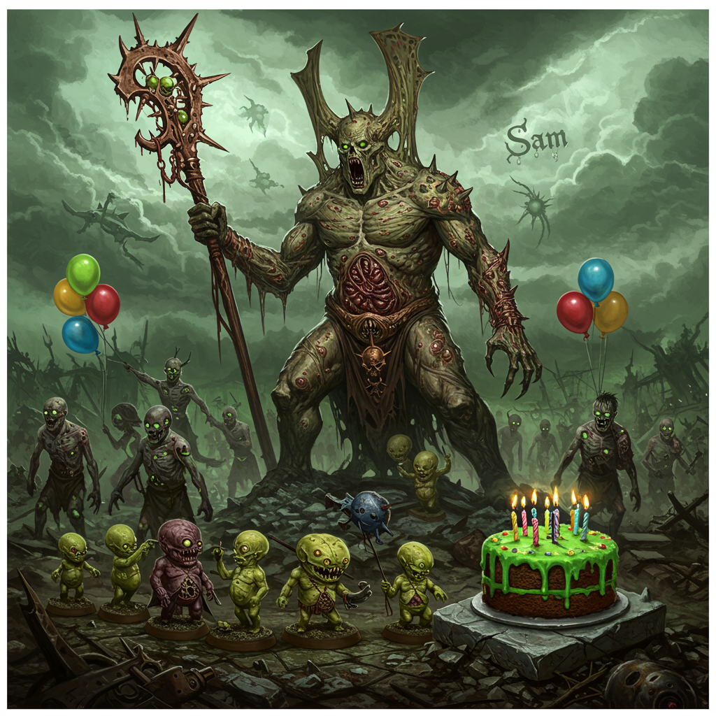 The greeting card front cover depicts a hyper-realistic birthday scene set within a fantastical, dystopian Warhammer universe landscape. The foreground features a grandiose Great Unclean One, a colossal daemon entity with intricately detailed, putrescent skin in varying hues of sickly green and brown, speckled with pustules and decay. Its towering figure looms over the scene, holding a large, gnarled, rust-covered staff with one hand.

Around the base of the Great Unclean One, a swarm of Nurglings, impish and mischievous, caper gleefully. Each Nurgling is uniquely detailed, with warty, mottled skin in shades of green and yellow, some with tiny horns or one-eyed faces. They clutch miniature balloons, each a vivid, contrasting color like red, blue, or yellow, adding an unsettling whimsy to the scene.

In the mid-ground, a group of Poxwalkers, zombies with grotesquely exaggerated features, shuffle forward. Their decaying flesh and tattered clothing reveal sinew and bone beneath, captured in disturbing, lifelike detail. Their eyes are hollow, with a faint, eerie glow, set against a background of a ruined, darkened battlefield, littered with debris and the remnants of twisted metal structures.

The sky overhead is an ominous, stormy gray, tinged with streaks of sickly green clouds swirling ominously. Within these clouds, subtly hidden yet legible, is the name "Sam" in ethereal, wispy letters as if crafted from the mist itself, visible enough to stand out but seamlessly integrated into the cloud patterns.

Amidst the chaos, a solitary cake sits untouched, precariously placed atop a stone slab. The cake is grotesquely decorated, covered in vibrant green icing with drips that resemble oozing slime. Atop the cake are candles in the shape of tiny Warhammer figurines, each intricately detailed to resemble iconic elements from the game, creating a contrast of dark fantasy against the festive tradition of a birthday cake.
Generated with these themes: Warhammer, Nurgle, Pox walkers, Great unclean one , and Nurgling .
Made with ❤️ by AI.