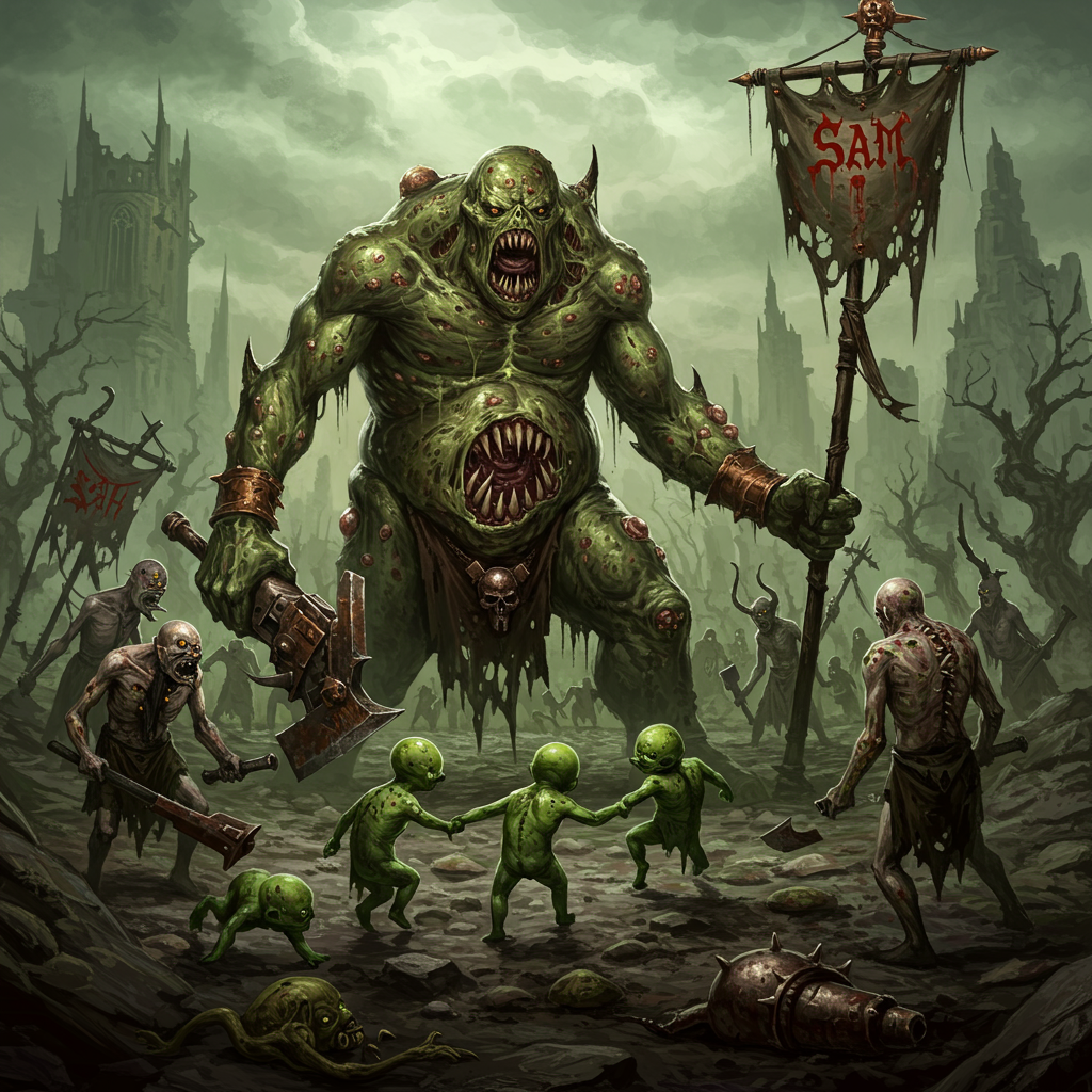 The scene is set in a vast, shadowy landscape reminiscent of a Warhammer battlefield, with jagged rocky terrain and twisted, leafless trees under a murky, overcast sky. The color palette is dark and earthy, with shades of deep green, rust, and sickly yellows dominating the scene. 

In the foreground, a large, imposing figure of a Great Unclean One stands, its grotesque form dominating the scene. The creature is depicted with lifelike details—flesh sagging with boils and pustules, a maw filled with sharp, jagged teeth, and one large, menacing eye staring forward. Its skin is a putrid green, slick with ooze, and covered in open sores.

Surrounding the Great Unclean One are several Poxwalkers, their gaunt forms shuffling amidst the chaos. Their skin is pallid and blotchy, with tattered clothes hanging from their decrepit bodies. Each Poxwalker carries crude weapons, rusted and jagged, with expressions of mindless determination etched on their faces.

Dancing around the feet of the Great Unclean One are mischievous Nurglings. These small, impish creatures are depicted with vibrant shades of green and yellow, their little bodies covered in warts and tiny horns. They are caught in mid-frolic, some playfully clambering over each other, others poking at the Poxwalkers with tiny sticks.

In the background, a twisted banner flutters in the acrid wind, tethered to a crooked pole. The banner is emblazoned with the name "Sam" in dripping, bile-colored letters, appearing as though it was hastily painted with a gnarled brush. The edges of the banner are tattered and stained, blending seamlessly with the grim setting.

Looming in the backdrop are towering, dilapidated ruins, casting long shadows over the eerie scene. A few clouds hover in the sky, tinged with sickly hues of yellow and green, reflecting the corruption of Nurgle's influence across the land.
Generated with these themes: Warhammer, Nurgle, Pox walkers, Great unclean one , and Nurgling .
Made with ❤️ by AI.