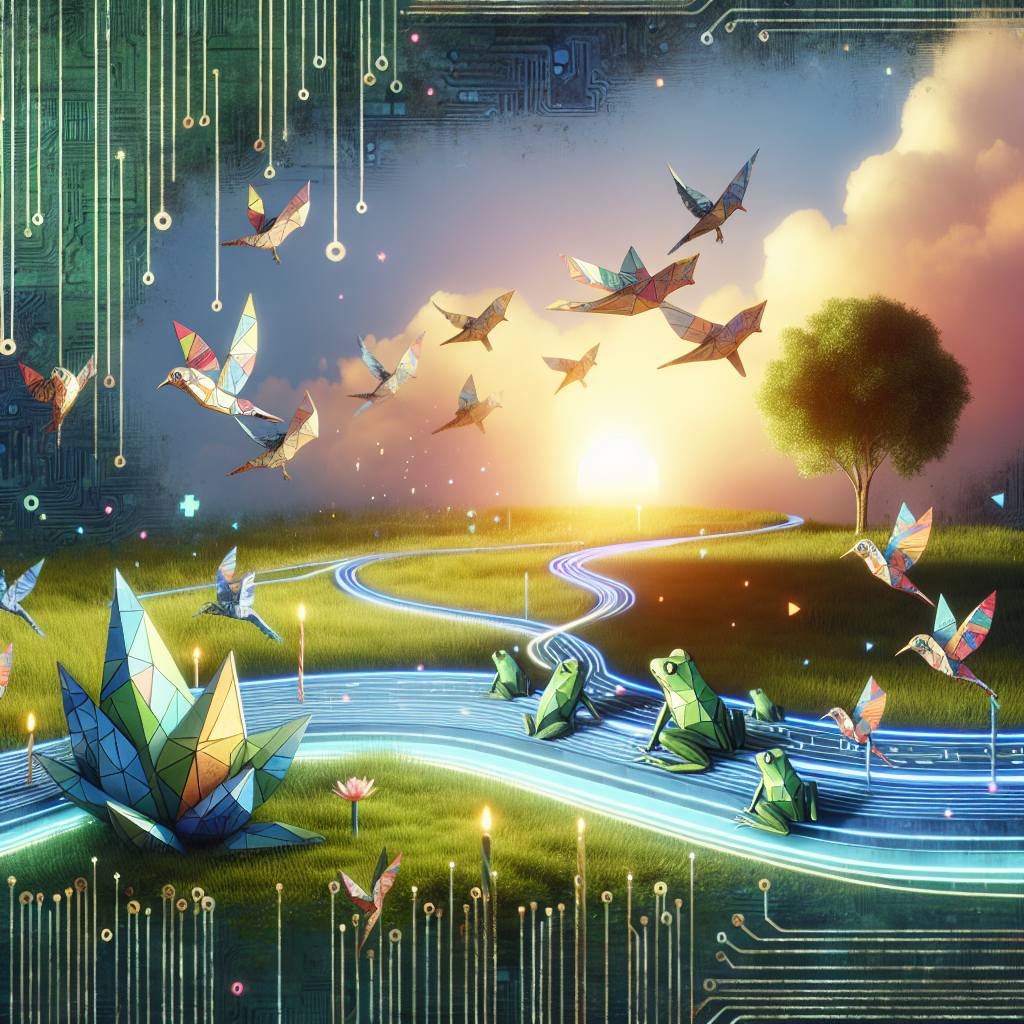 An enchanting abstract scene capturing a birthday celebration with an artificial intelligence theme set outdoors. Angular, geometrically-shaped frogs joyfully hop alongside a digital stream's edge as birds with wings reminiscent of intricate origami glide within the motherboard patterned sunlight's subtle glow overhead. In framing this digital utopia, there is a verdant meadow intertwined with binary code, eliciting a feeling of adventure and simultaneous celebration of the natural and digital worlds.
Generated with these themes: AI, Frogs, Outdoors, and Birds.
Made with ❤️ by AI.