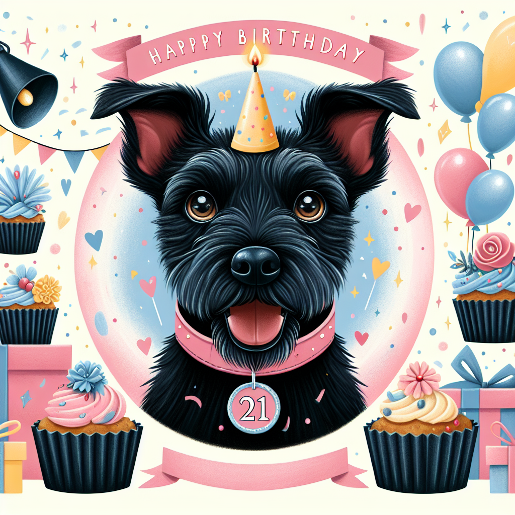 Create an illustration showcasing a delightful black Patterdale terrier at the core of a jubilant birthday festivity. The dog's eyes twinkle with glee, expressing the excitement of the occasion. A skillfully incorporated '21' can be observed on the terrier's collar, serving as a representation of the milestone age. The backdrop is adorned with fanciful cupcakes and gifts, further enriching the birthday ambiance.
Generated with these themes: Black patterdale terrier, and 21.
Made with ❤️ by AI.