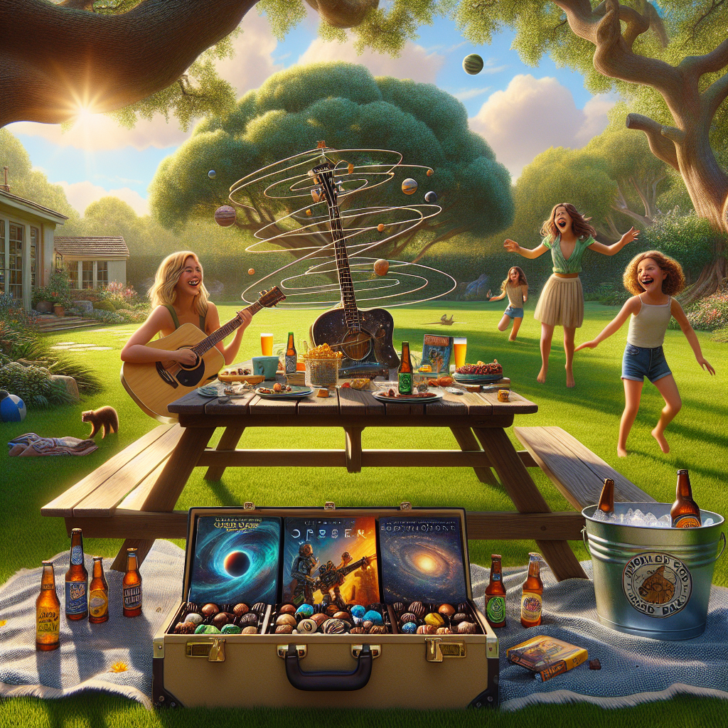 A serene suburban backyard bathed in daylight reveals a lush spectacle of animated green grass and a brilliant blue sky. The centerpiece of this setting is a picnic table nestled under a sprawling oak tree. On top of it, an open guitar case prominently displays a grand acoustic guitar adorned with a 'World's Best Dad' badge. Nearby, an eye-catching array of vibrant sci-fi film DVDs, a cooled pail holding a selection of quaint artisanal beer bottles, and an intriguing assortment of chocolates, creatively arranged to mimic the solar system, adds richness to the scene. Three girls are in action: Daisy, a blonde teenager, laughs heartily while chasing Hazel, a giggly girl rocking delightful bunches of hair. Not too far, Lily, with her distinct curly hair, carefully positions the final chocolate planet in its orbit, deeply absorbed in her task - a testament to a father's unswerving affection.
Generated with these themes: Large bearded dad with glasses, Acoustic guitar , Science fiction films , Beer and chocolate , Daisy (teenage daughter with long blonde hair), Hazel (3 year old daughter with bunches), and Lily(6 year old daughter with curly hair).
Made with ❤️ by AI.