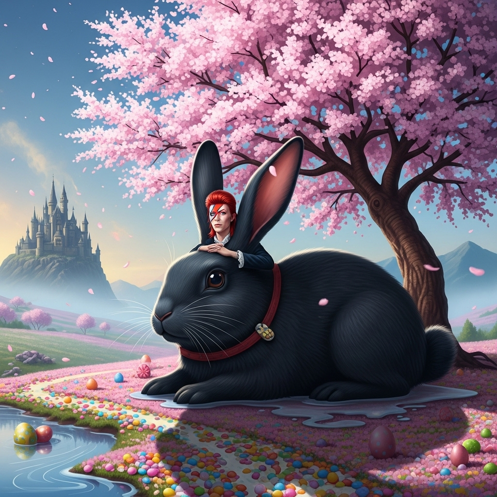 David bowie, Black rabbit with white nose, Cherry blossom tree, Sweeties, Gothic, Adventure , and Birthday Card