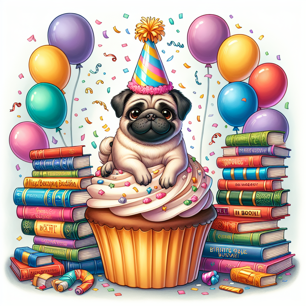 Picture a delightful birthday-themed illustration depicting a playful pug wearing a party hat, sitting atop a jumbo, frosted cupcake, looking cheeky. The pug is surrounded by heaps of vivid books, each with witty titles. Fluttering confetti and floating balloons add to the celebratory ambiance.
Generated with these themes: Buffy , Pug, and Books.
Made with ❤️ by AI.