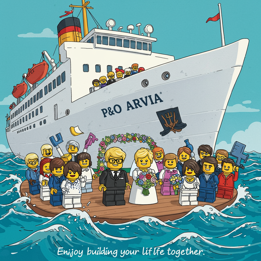 Wedding on a ship the bride has blond hair and glasses and the groom has glasses. They are made of lego, the ship is white and has P&O Arvia written on it., and Wedding Card