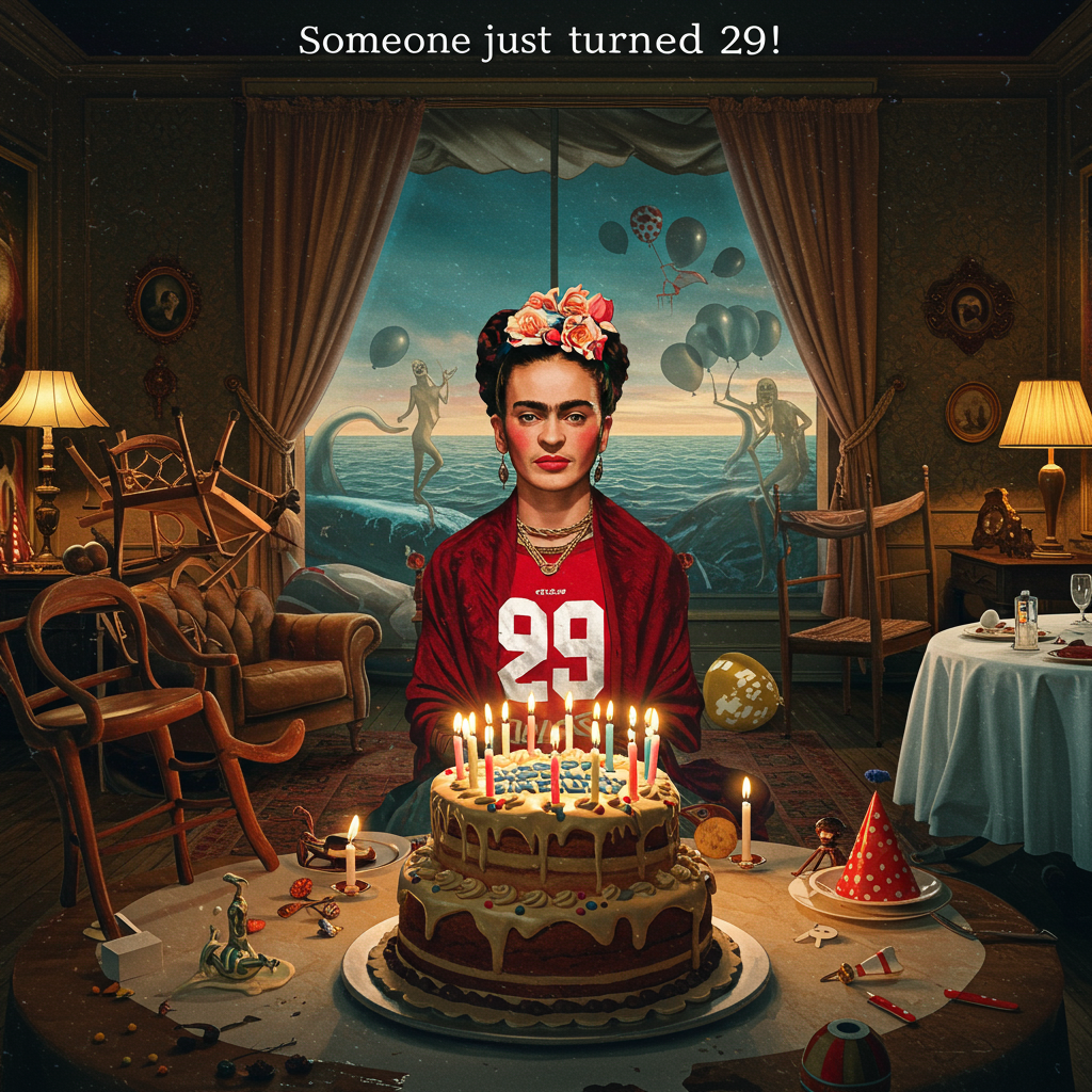 Seance with freida kahlo wearing san francisco 49ers sweatshirt. candles on birthday cake., and Birthday Card