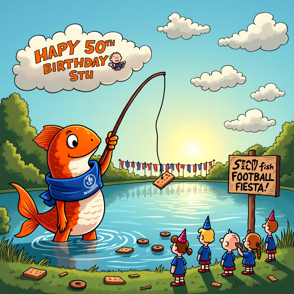 In a vibrant cartoon scene brimming with delightful chaos, imagine a whimsical, animated lakeside birthday bash. Center stage is a jovial, oversized Koi Carp, proudly wearing a Chelsea Football Club scarf wrapped around its shimmering, orange and white body. The Koi stands upright in the shallows of the lake, enthusiastically fishing with a tiny, comically serious expression, using a fishing rod made from a biscuit stick. The rod's line is humorously hooked with a rich tea biscuit instead of bait. Nearby, the water is decorated with floating birthday hats and tiny footballs, adding to the playful atmosphere.

On the grassy bank, a lively group of animated characters - a nod to the style of Schulz's Peanuts - are gathered. Each character wears a blue Chelsea jersey, cheerily munching on various biscuits, from ginger snaps to chocolate digestives. They are eagerly watching the Koi's antics. In the background, a large, fluffy cloud in the clear, blue sky spells out "Happy 50th Birthday Stu" in a quirky, curlicue font, the letters formed from fluffy clouds, gently floating above the scene.

A wooden sign, fashioned like something out of a R. Crumb comic, humorously sticks out of the ground near the edge of the lake, pointing to the fishing spectacle and declaring "Stu's 50th Fishy Football Fiesta!" in bold letters. In the distance, the sun sets behind a row of jubilant, waving Chelsea flags lining the horizon, casting a golden glow over the enchanting, humorous tableau.
Generated with these themes: Fishing, Koi Carp, Chelsea Football Club, Biscuits, and 50th.
Made with ❤️ by AI.