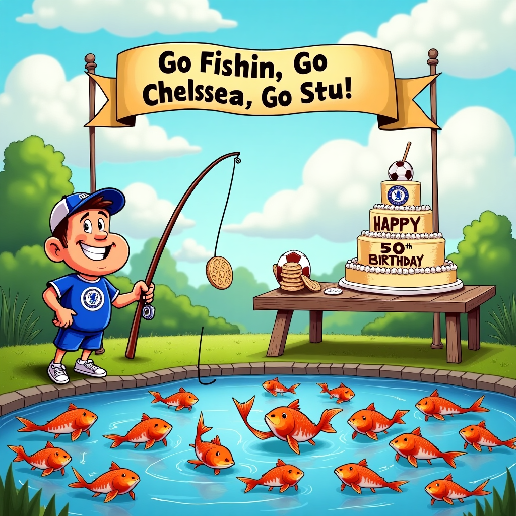 In this whimsical and vibrant cartoon scene, imagine a bustling pond set against the backdrop of a sunny day, complete with fluffy clouds shaped like footballs, subtly paying homage to Chelsea Football Club. In the pond, a group of animated koi carp are gathered, each sporting a tiny blue and white jersey with the Chelsea logo, flapping their fins energetically as if they are celebrating a goal. At the edge of the pond, a jovial, slightly caricatured fisherman with a big smile and exaggerated features is holding a fishing rod. The fishing line comically stretches out to a dangling biscuit, which has caught the attention of the koi, who are leaping out of the water in an almost choreographed fashion, vying for a taste. 

To the right, there's a picnic table adorned with a towering, extravagant birthday cake shaped like Stamford Bridge, Chelsea's stadium, with "Happy 50th Birthday, Stu!" elegantly written in icing on the top tier. The cake is surrounded by an array of whimsical, oversized biscuits in the shape of footballs and koi. Above the scene, a banner suspended between two imaginary goalposts reads "Go Fishin', Go Chelsea, Go Stu!" in bold, celebratory letters. In the sky, fluffy clouds are creatively forming the letters of Stu's name, adding a personalized touch. This playful and engaging scene combines fishing, football, koi carp, and birthday celebrations into a delightful birthday card cover, making it a perfect blend of Stu’s interests and milestone occasion.
Generated with these themes: Fishing, Koi Carp, Chelsea Football Club, Biscuits, and 50th.
Made with ❤️ by AI.