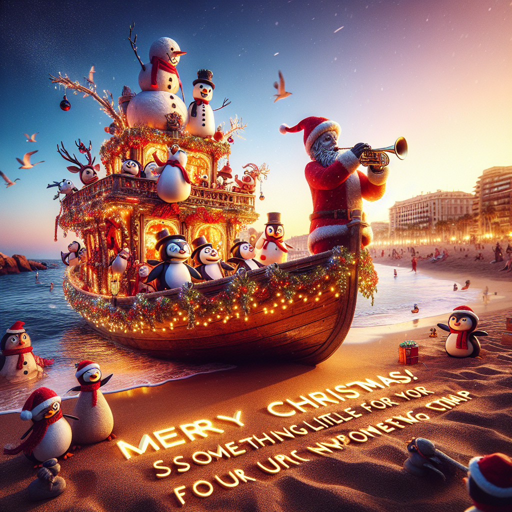 The illustration depicts a whimsical Barcelona beach scene at sunset during Christmas time, where a group of snowmen and penguins enjoy a boat trip accompanied by live music. A saxophone-playing Santa sets the rhythm while everyone sips on seasonal drinks. The boat is decked with lights and garlands, and the message 'Merry Christmas! Something little for your upcoming trip' is spelled out in the sand on shore, visible to the party-goers.
Generated with these themes: Sunset, Boat trip, Barcelona, Live music, and Drinks.
Made with ❤️ by AI.