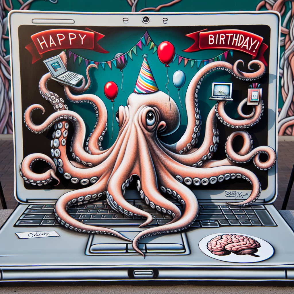 Imagine an endearing depiction of an octopus engaged in birthday festivities. The center of the scene is dominated by the octopus, a creature renowned for its charisma and cuteness. A petite, celebratory party hat rests atop its head. Each of its eight tentacles is efficiently multitasking, with one fascinatingly manipulating a laptop. A sticker with a visual of a brain stands out on the laptop. The screen of the laptop prominently presents the heartfelt message 'Happy Birthday!'. Enhancing the atmosphere of merriment and jubilee, the backdrop is adorned with an eye-catching ensemble of balloons and streamers.
Generated with these themes: Octopus laptop brain.
Made with ❤️ by AI.