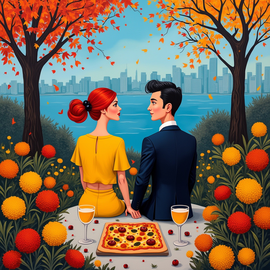 In this whimsical anniversary scene, set against a backdrop of a brilliant blue sky reminiscent of a Kandinsky dreamscape, Cardiff emerges subtly in the background as an abstract blend of architectural outlines and vibrant hues. The foreground features a sprawling cascade of autumn leaves, rendered in a chaotic yet harmonious Pollock-inspired flurry of reds, oranges, and browns. Among these leaves, the focal point: a lively couple, seemingly caught mid-celebration. The wife, with her striking red hair that echoes de Kooning's bold strokes, wears a vibrant yellow blouse and matching skirt that stands out against the earthy autumn tones, creating a striking Mondrian-esque contrast. Beside her, the husband, with dark hair neatly pulled into a ponytail, dons a sharp dark suit that hints at a Rothko painting's deep, brooding layers. They sit at a quirky, abstracted picnic scene, where a rectangle pizza, rendered with Miro-like whimsy, levitates slightly off the ground, its colorful toppings dancing across the canvas in a playful Twombly fashion. Surrounding them are clusters of yellow and orange chrysanthemums, painted with the delicate, repetitive detail akin to Agnes Martin's subtle grids, infusing the scene with texture and depth. The entire composition is a playful juxtaposition of forms and colors, weaving a narrative of love and celebration, punctuated by the unique elements of their shared anniversary moment in Cardiff.
Generated with these themes: Autumn leaves , Blue skies , Red haired wife in yellow blouse and skirt , Dark haired husband with a pony tail in dark suit , Rectangle pizza , Yellow and orange Chrysanthemums , and Cardiff .
Made with ❤️ by AI.