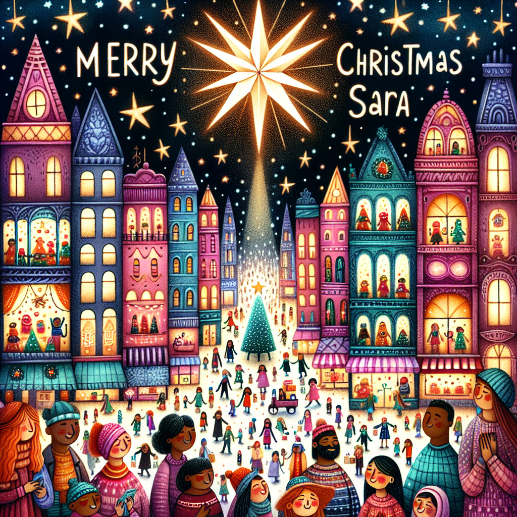 A whimsical cityscape comes alive with twinkling holiday lights and cheerful shoppers. High above the bustling streets, the night sky is illuminated by a shining star, with the phrase 'Merry Christmas Sara' written in bold letters that appear to be etched in the starlight itself.
Generated with these themes: Merry Christmas Sara.
Made with ❤️ by AI.