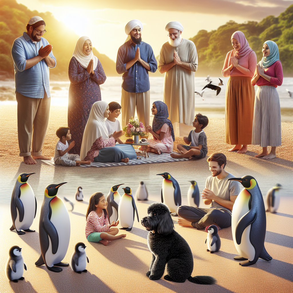 Create a relaxing scene set on a peaceful beach under the soothing light of the early evening sun. A warm family gathering of diverse ethnicity, including both men and women, is happening, signifying the celebration of a special birthday. Penguins are adding an element of fun and warmth to the scene, playing around. In the middle of the scene, a shiny black cockapoo happily approaches with a wagging tail. The family members, enjoying their lively conversations, take occasional breaks to pray together, reflecting a sense of spirituality and unity on this joyous occasion.
Generated with these themes: The sea, Penguins, Prayer, Black cockapoo, Family, and Talking.
Made with ❤️ by AI.