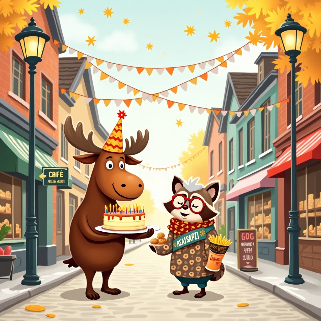 At the top of the illustration image: “Bonne Fête My Grandma Gogo—you're the crème de la crème of Montreal!”

**Prompt for the illustration:**
Create a charming and whimsical birthday-themed illustration set in a cartoon-style Montreal neighborhood in springtime. Picture cozy cobblestone streets lined with colorful townhouses, maple leaves gently falling even in defiance of the season, and festive bunting hanging from vintage-style lampposts. In the center, draw an adorable, cheerful moose wearing a party hat, holding a birthday cake with flickering candles shaped like tiny bagels (a nod to Montreal’s famous bagels). Next to the moose, a stylishly dressed elderly lady moose (Grandma Gogo) wearing a floral scarf and red spectacles chuckles as a mischievous raccoon in a “Bon Anniversaire” sash offers her a bouquet of poutine (complete with fries and curds shaped like hearts). Include small Montreal details like a steaming St. Viateur bagel stand, a corner café with “Café Gogo” on the sign, and little birthday banners that say “Joyeux!” fluttering above. Make the color palette warm and cheerful with lots of pastels and gold accents for a magical birthday vibe.
Generated with these themes: Montreal .
Made with ❤️ by AI.